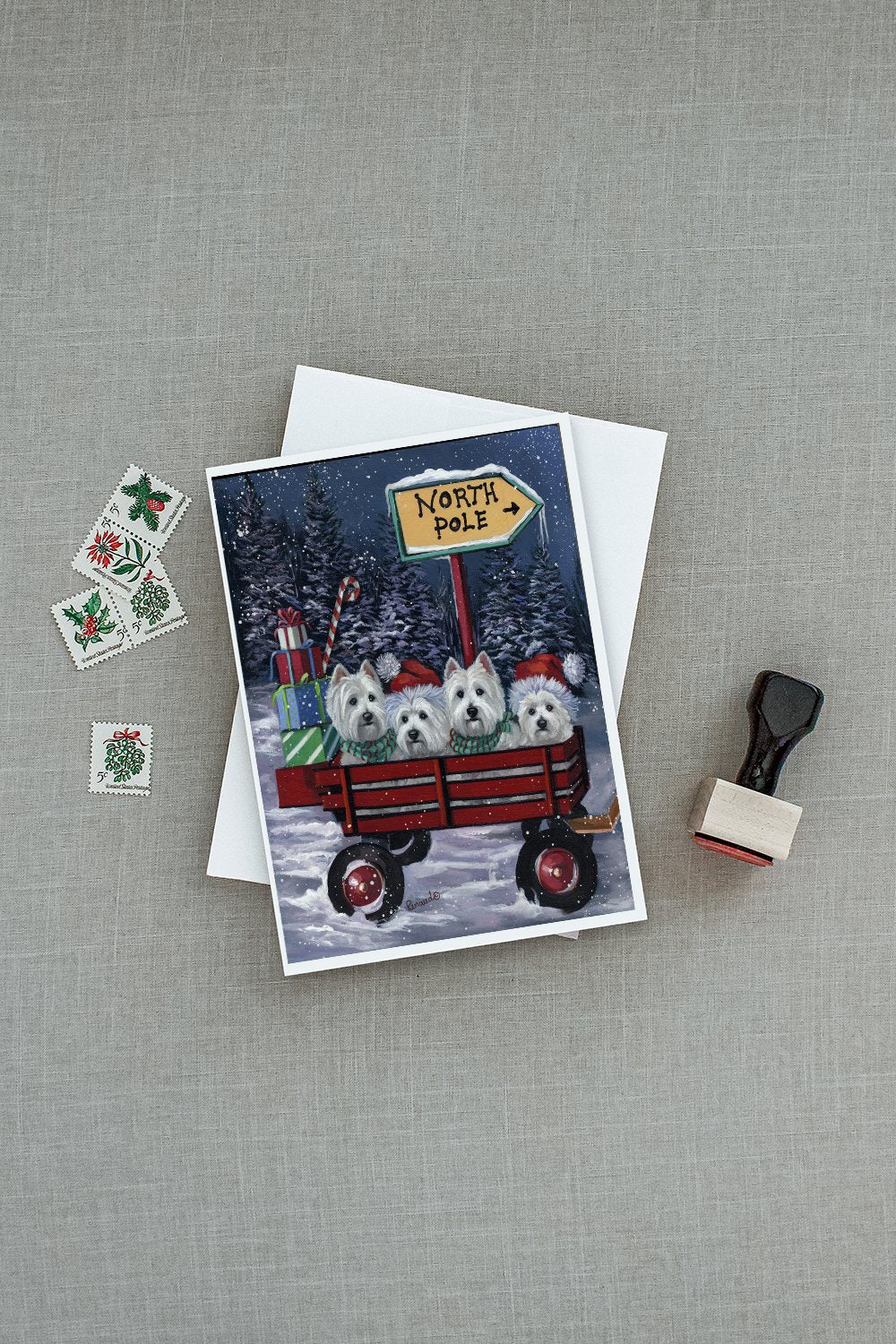 Westie Christmas Red Wagon Greeting Cards Pack of 8 Blank Cards with Envelopes Whimsical A7 Size 5x7