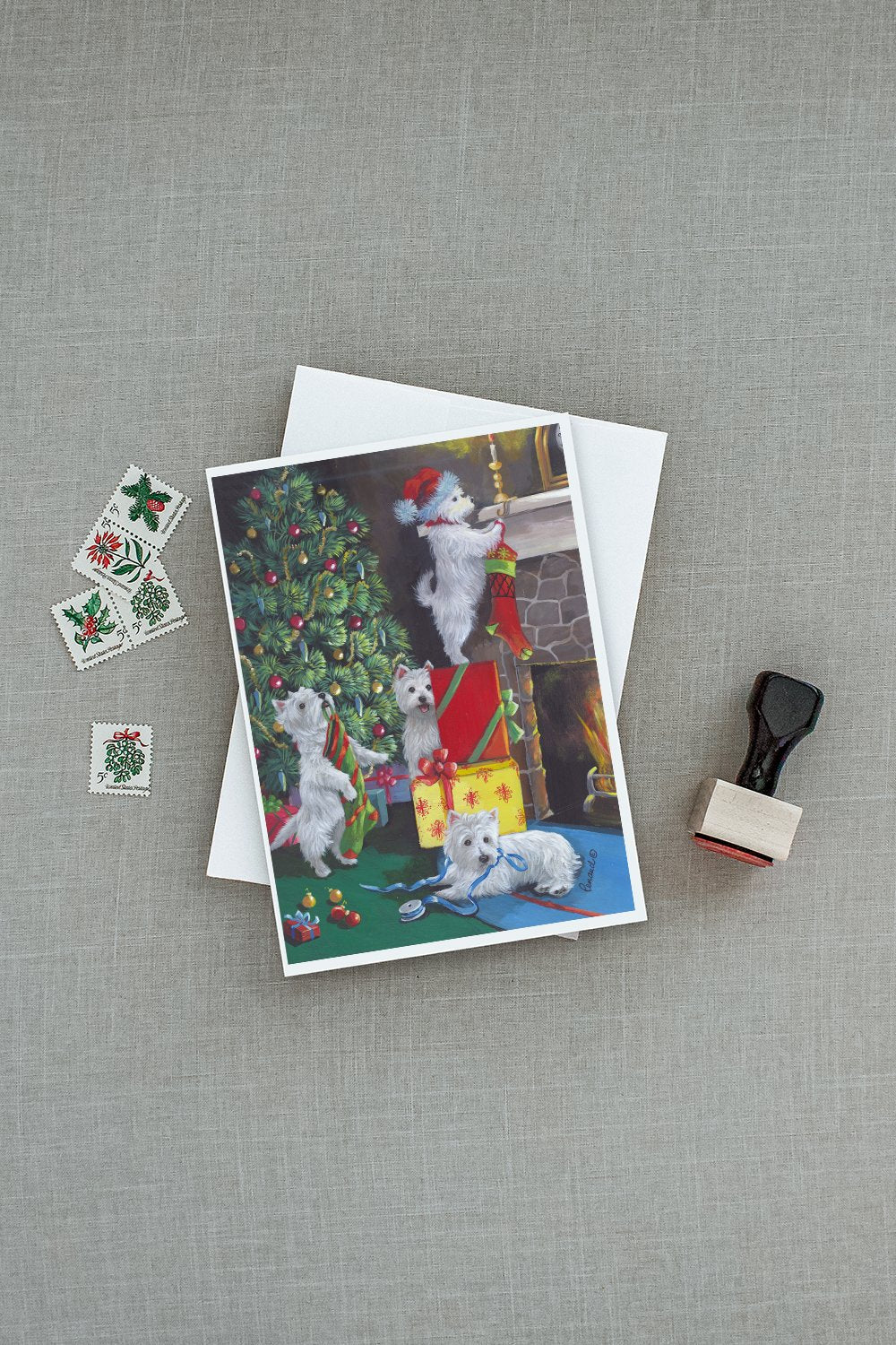 Westie Christmas Decorating Greeting Cards Pack of 8 Blank Cards with Envelopes Whimsical A7 Size 5x7
