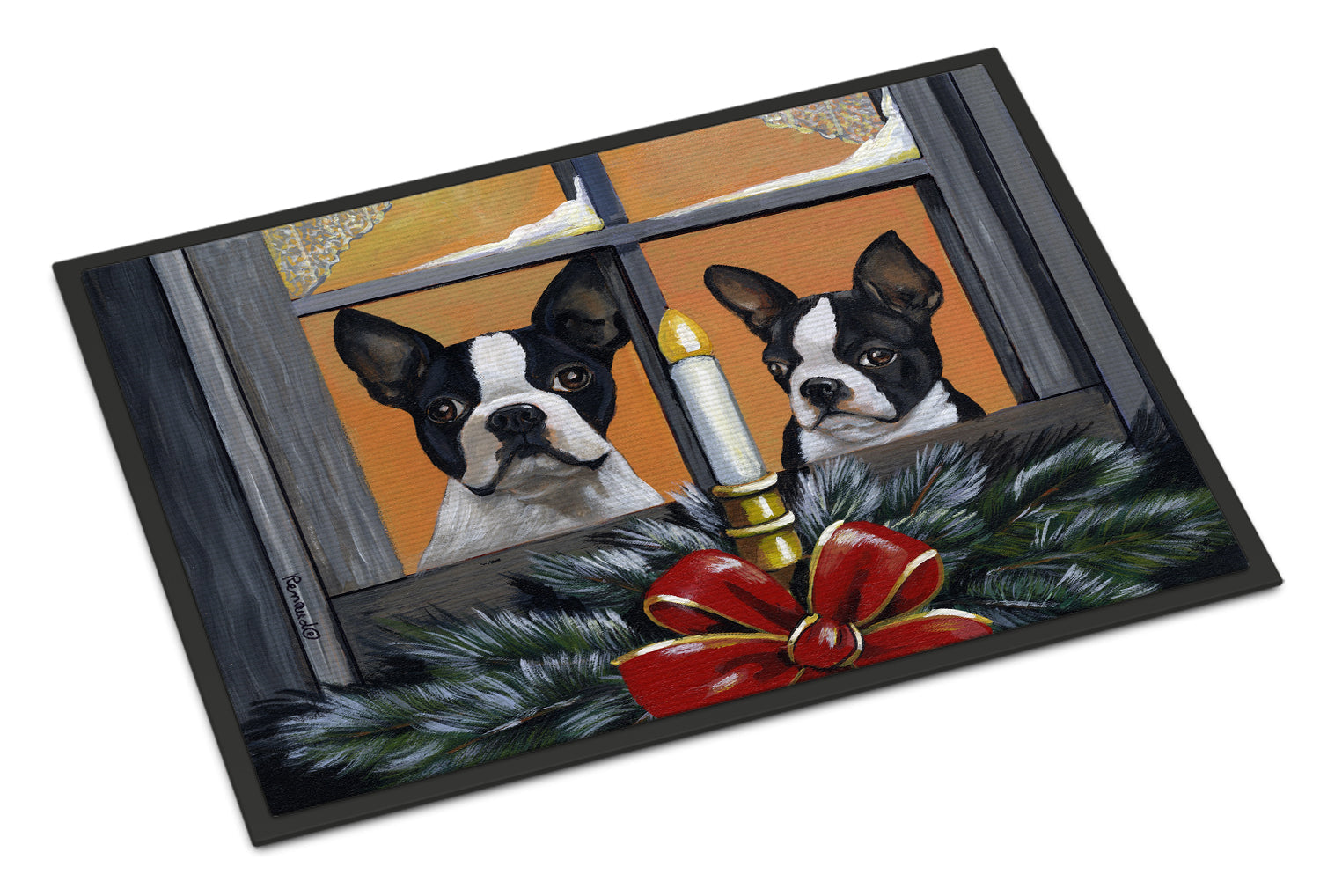 Boston Terrier Looking for Santa Christmas Doormat Indoor Outdoor 24H X 36W Front Door Mat Rugs for Entryway, Non Slip Washable Low Pile,