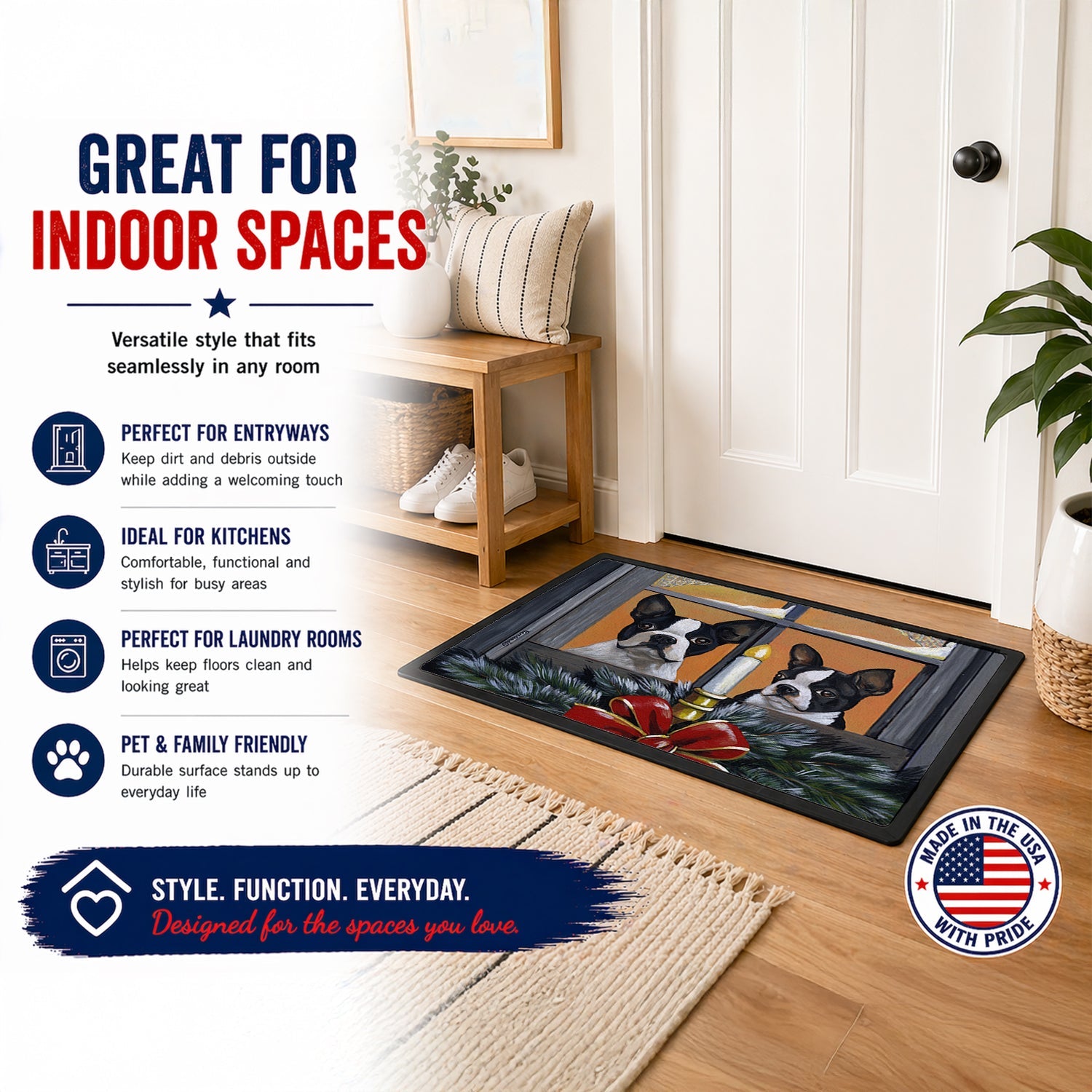 Boston Terrier Looking for Santa Christmas Doormat Indoor Outdoor 24H X 36W Front Door Mat Rugs for Entryway, Non Slip Washable Low Pile,