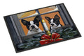 Boston Terrier Looking for Santa Christmas Doormat Indoor Outdoor 18H X 27W Front Door Mat Rugs for Entryway, Non Slip Washable