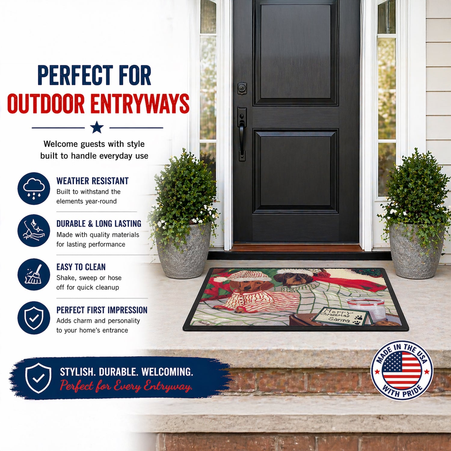 Dachshund Christmas Waiting for Santa Doormat Indoor Outdoor 18H X 27W Front Door Mat Rugs for Entryway, Non Slip Washable