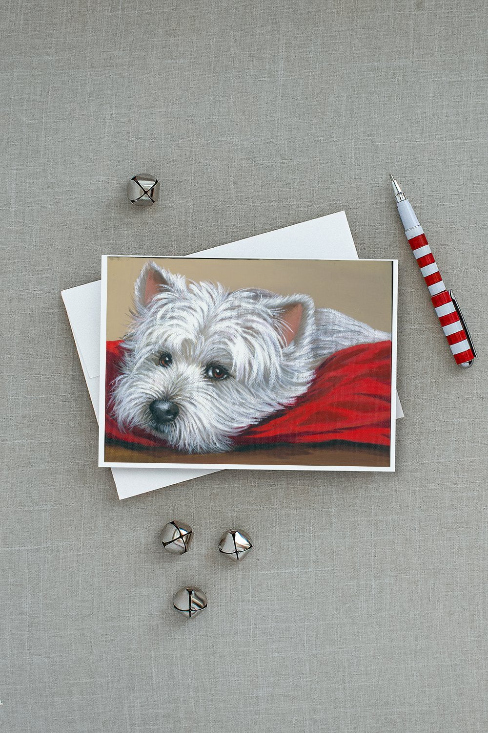Westie Red Pillow Greeting Cards Pack of 8 Blank Cards with Envelopes Whimsical A7 Size 5x7