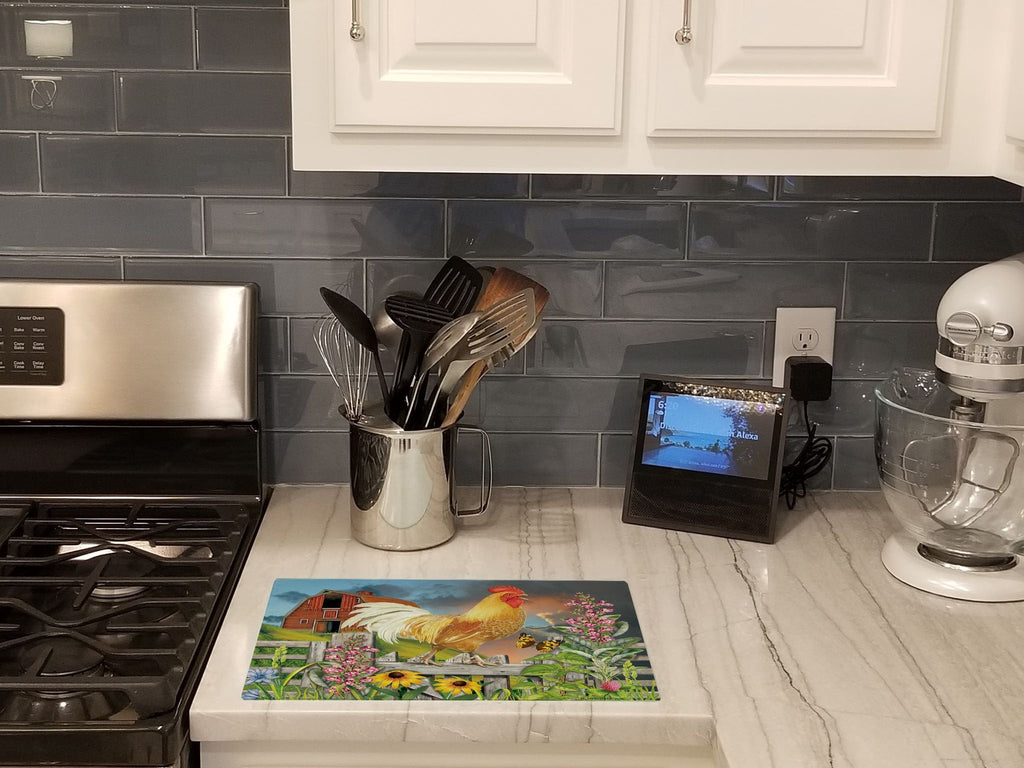 Yellow Rooster Greeting the Day Cutting Board Tempered Glass Kitchen Cutting Surface, Heat Resistant Chopping, Non-Slip Feet, Food Prep & Serving