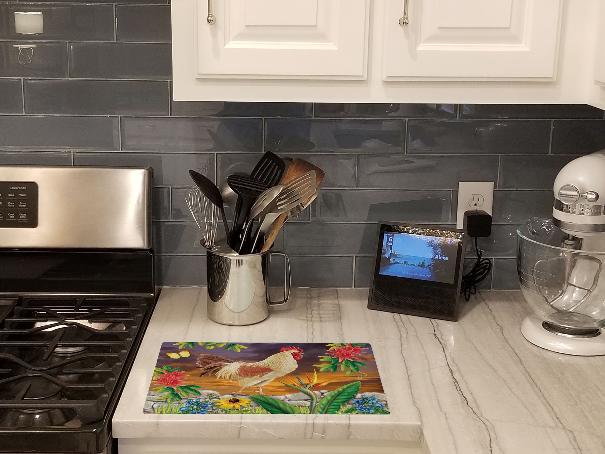 White Rooster Cutting Board Tempered Glass Kitchen Cutting Surface, Heat Resistant Chopping, Non-Slip Feet, Food Prep & Serving