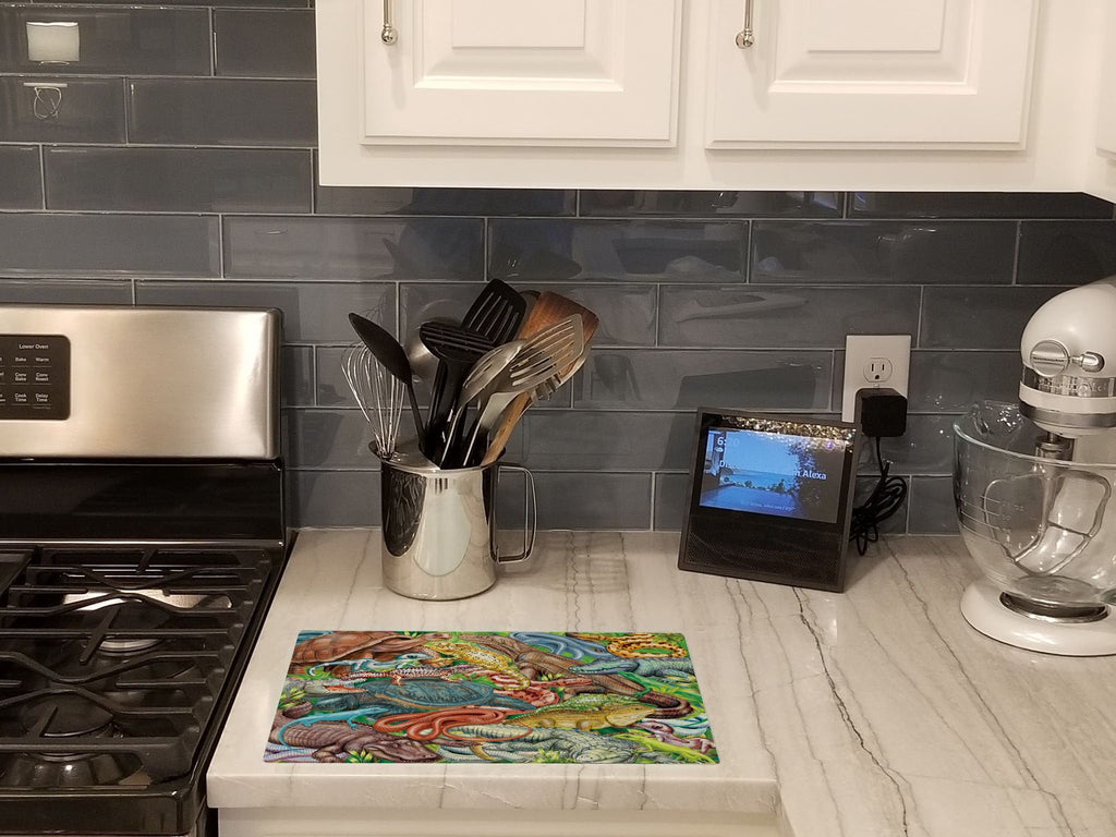 Scales and Tails, Snakes, Turtle, Reptiles Cutting Board Tempered Glass Kitchen Cutting Surface, Heat Resistant Chopping, Non-Slip Feet, Food Prep & Serving