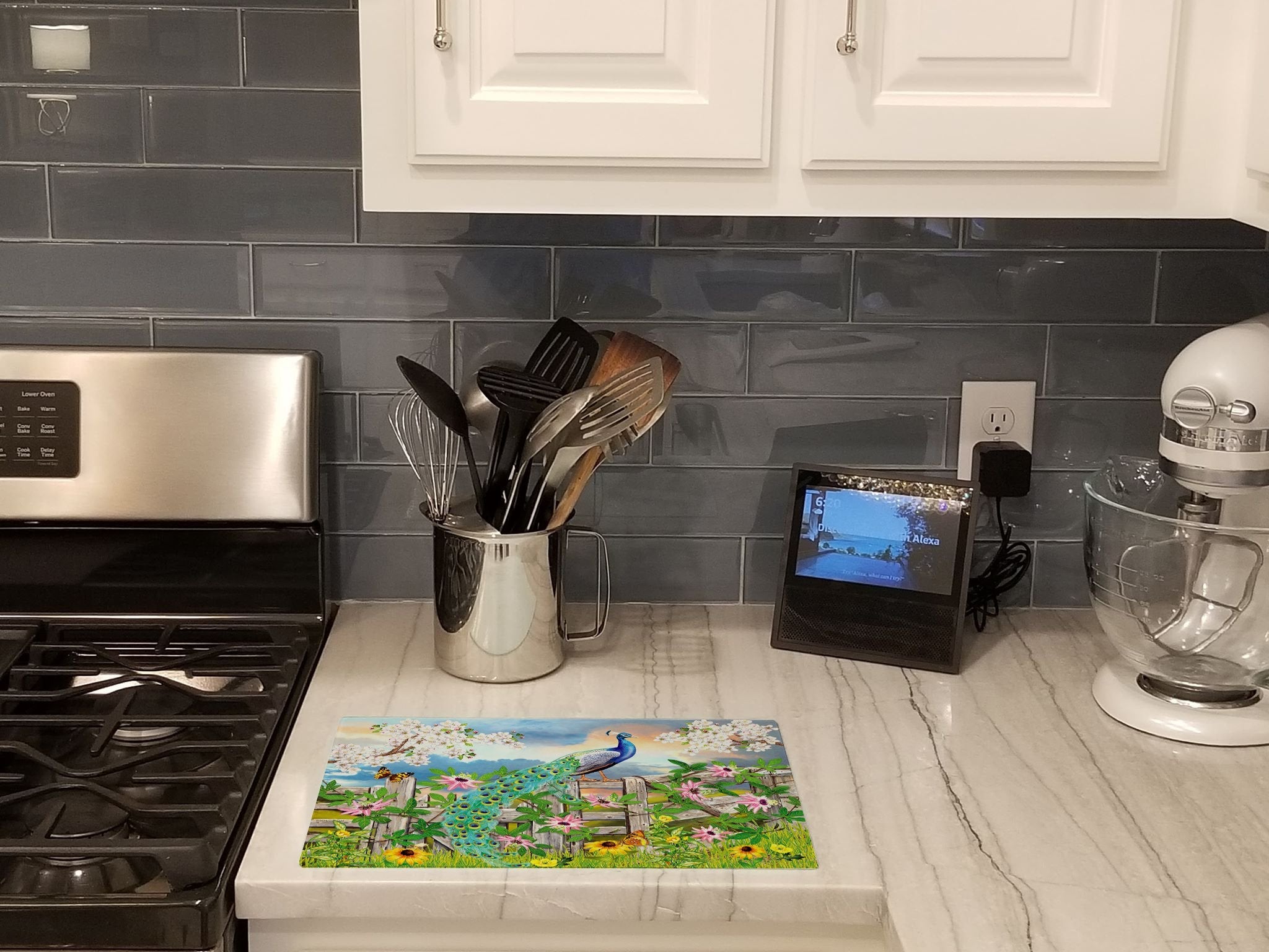 Peacock on Garden Fence Cutting Board Tempered Glass Kitchen Cutting Surface, Heat Resistant Chopping, Non-Slip Feet, Food Prep & Serving