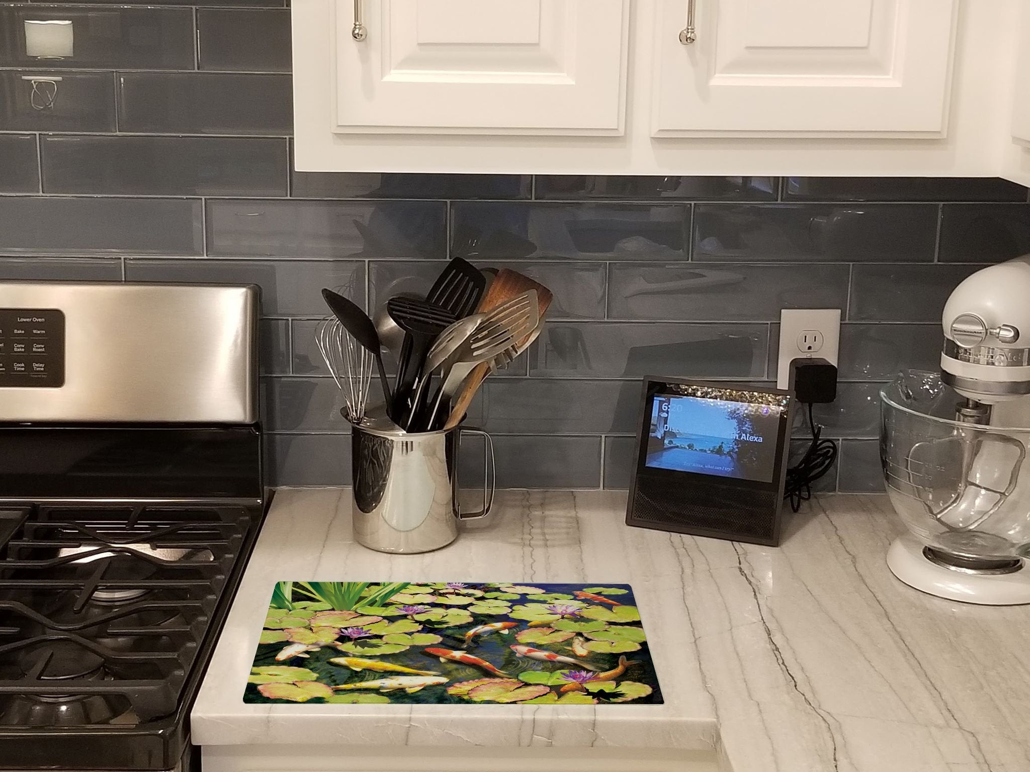 Koi Pond IV Cutting Board Tempered Glass Kitchen Cutting Surface, Heat Resistant Chopping, Non-Slip Feet, Food Prep & Serving