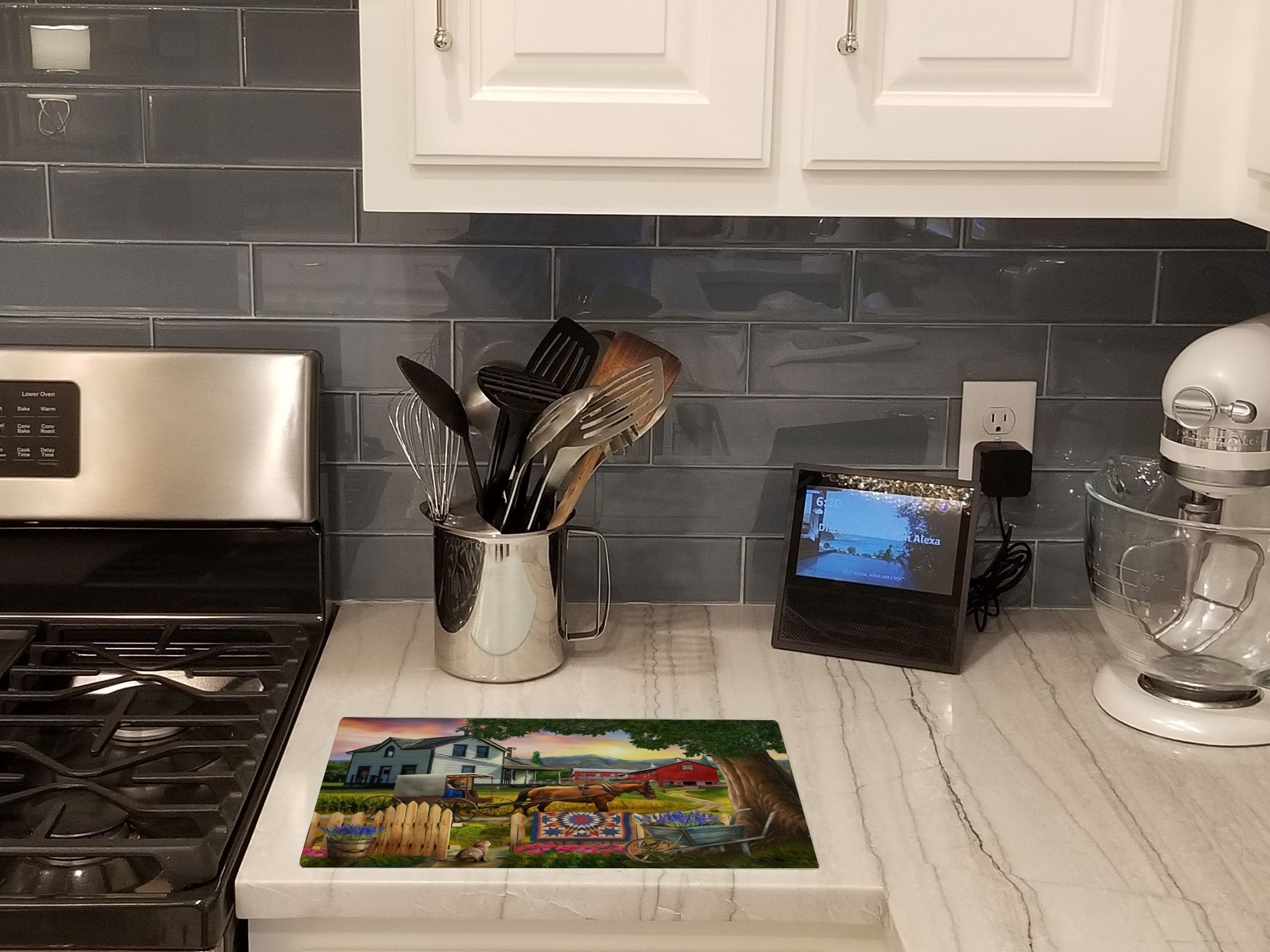 Headed Home for Dinner Farm Cutting Board Tempered Glass Kitchen Cutting Surface, Heat Resistant Chopping, Non-Slip Feet, Food Prep & Serving