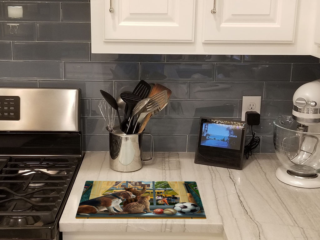 Beagle, Cats Back to School Cutting Board Tempered Glass Kitchen Cutting Surface, Heat Resistant Chopping, Non-Slip Feet, Food Prep & Serving