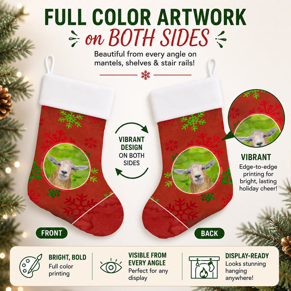 Goat Red Snowflakes Holiday Christmas  Holiday Stocking Double-Sided Print, Polyester Suede,11x18, Made in USA
