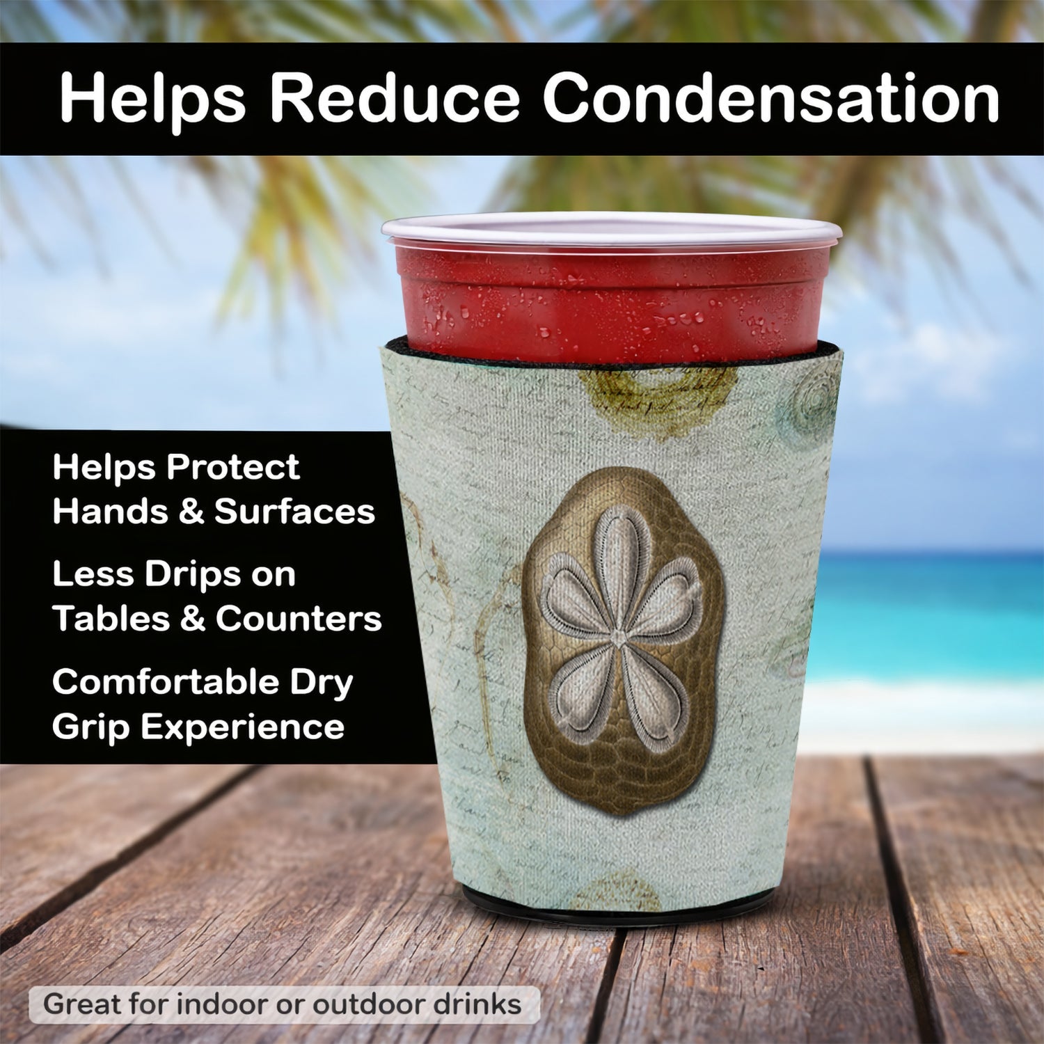 Beach Gold Sand Dollar #3 Red Cup Hugger Sleeve for 16–22 oz Party Cups, Insulated Foam Drink Holder for Iced Coffee, Tailgate & BBQ Reusable