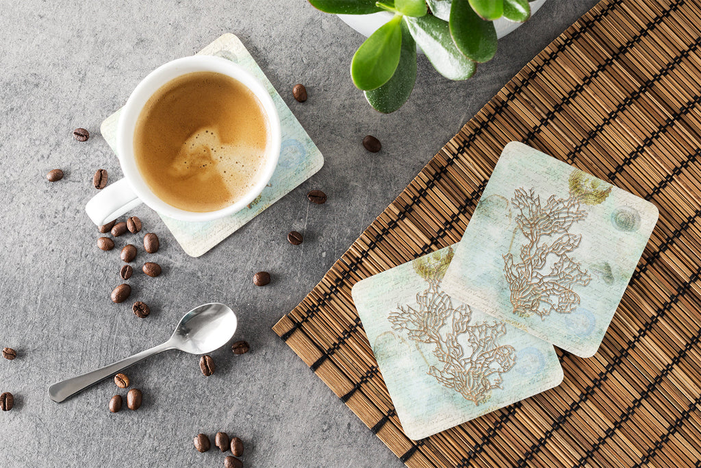 Beach Sea Whip Coral Foam Coasters Set of 4 Cup Coasters for Indoor Outdoor, Tabletop Protection, Anti Slip, Mouse pad Material