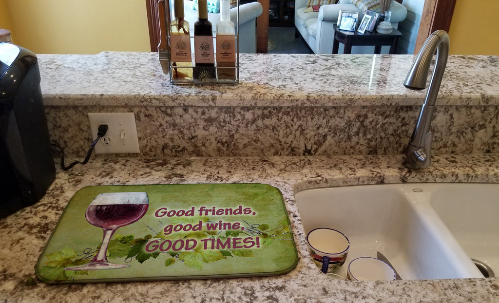 Good friends, good wine, good times Dish Drying Mat Absorbent Dish Drying Mat Pad for Kitchen Counter Dish Drainer Mat for Countertop, 14 x 21", Multicolor
