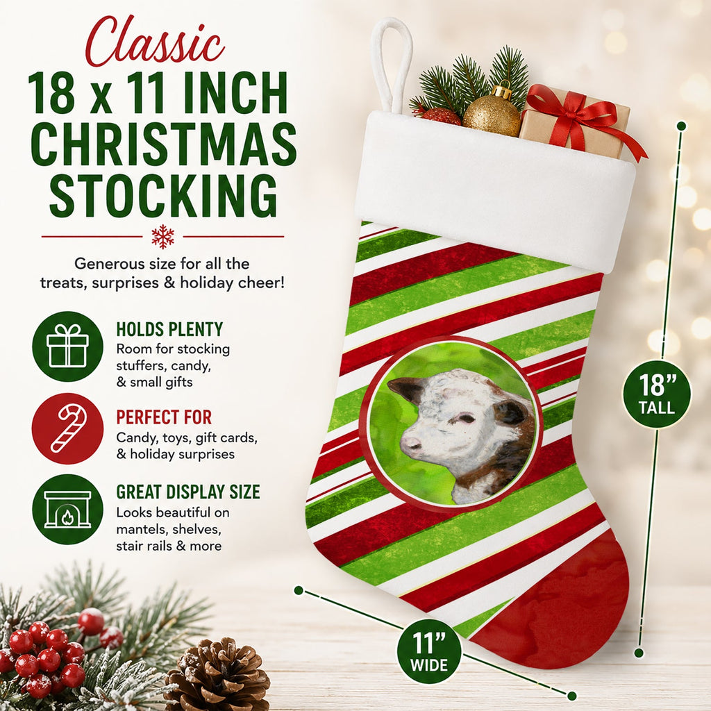 Baby Calf Candy Cane Holiday Christmas Holiday Stocking Double-Sided Print, Polyester Suede,11x18, Made in USA
