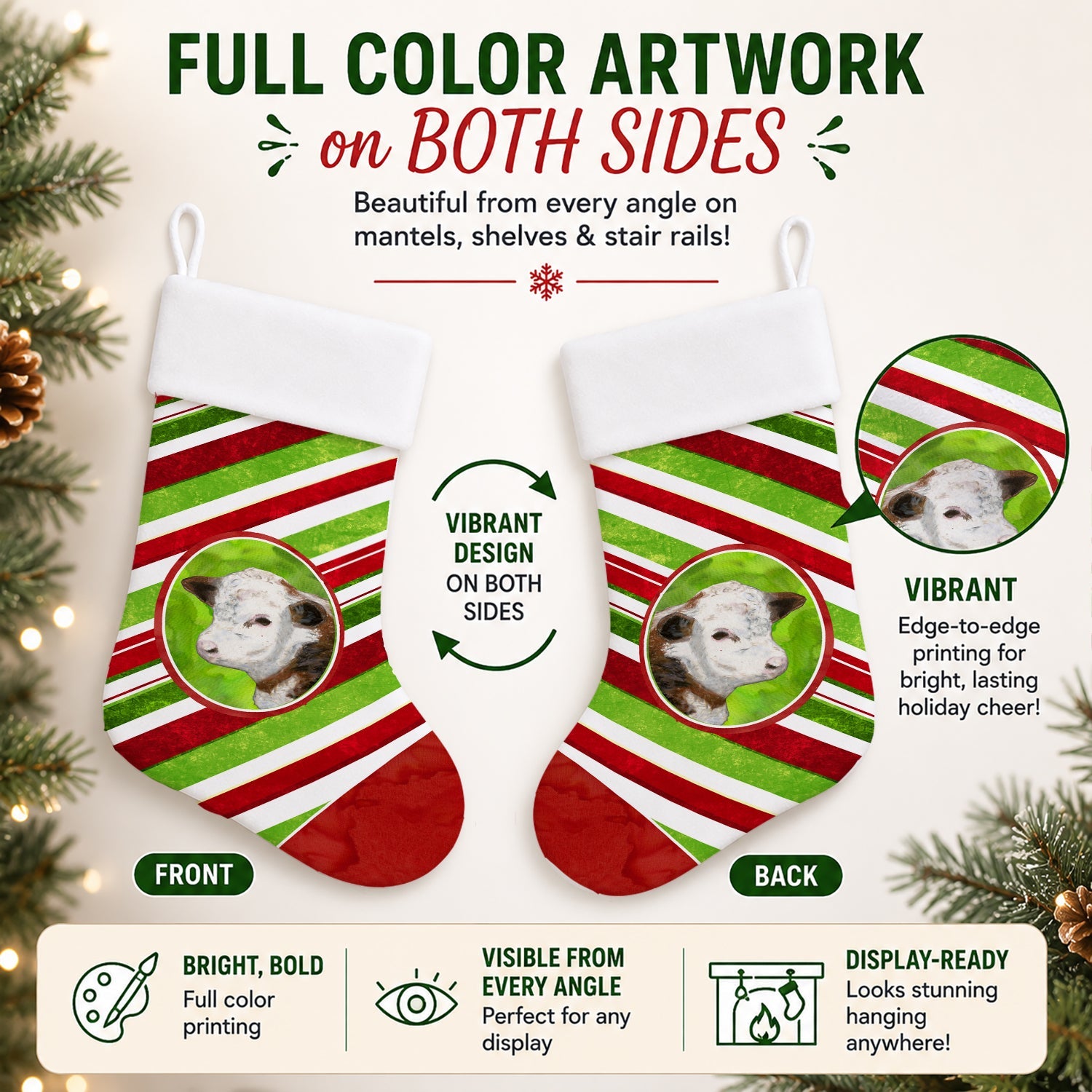 Baby Calf Candy Cane Holiday Christmas Holiday Stocking Double-Sided Print, Polyester Suede,11x18, Made in USA