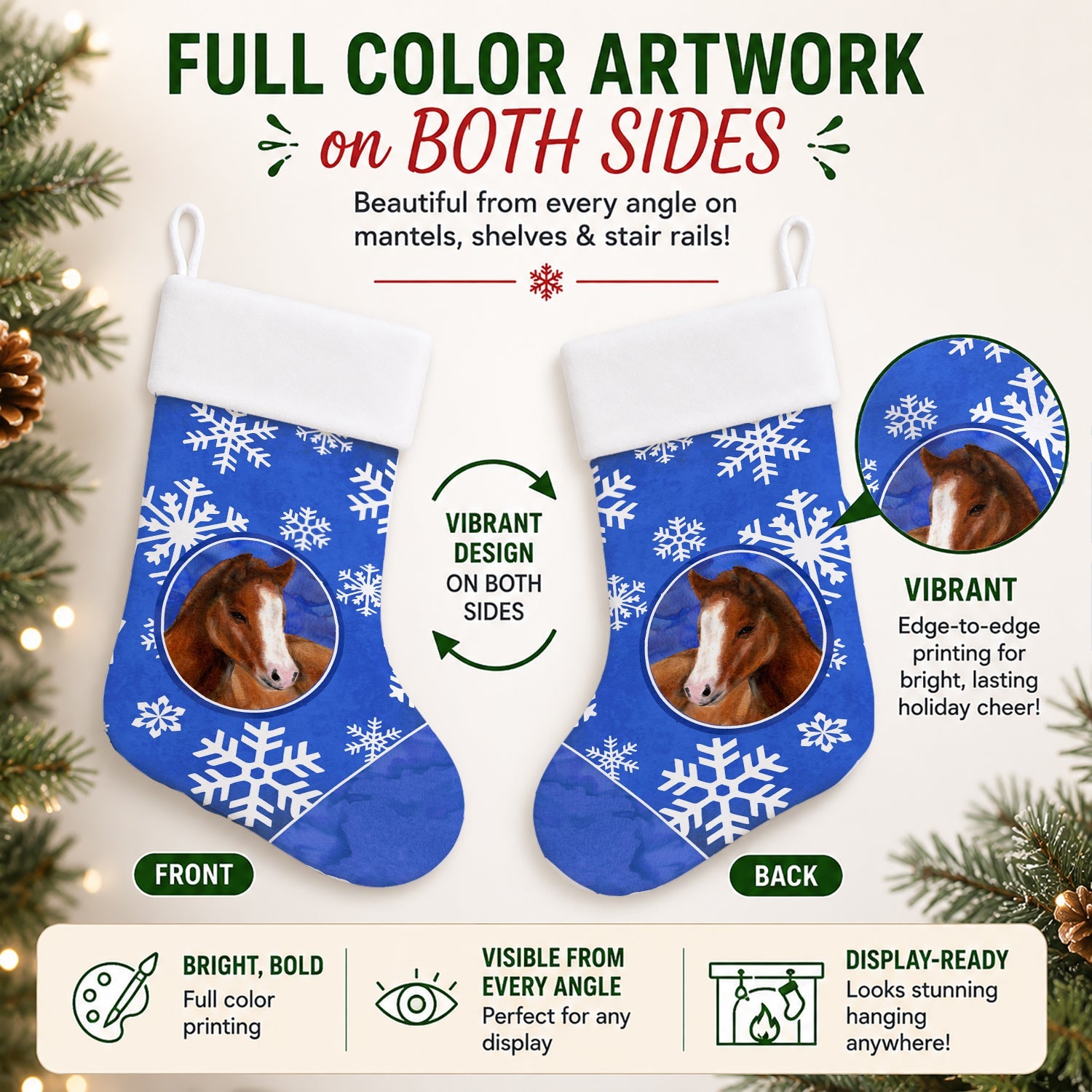 Horse Foal Winter Snowflakes Holiday Holiday Stocking Double-Sided Print, Polyester Suede,11x18, Made in USA