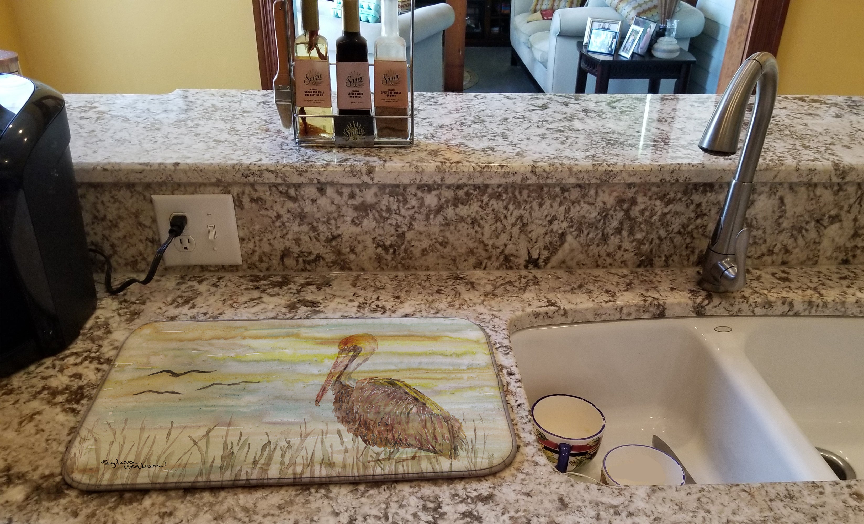 Brown Pelican Yellow Sky Dish Drying Mat Absorbent Dish Drying Mat Pad for Kitchen Counter Dish Drainer Mat for Countertop, 14 x 21", Multicolor