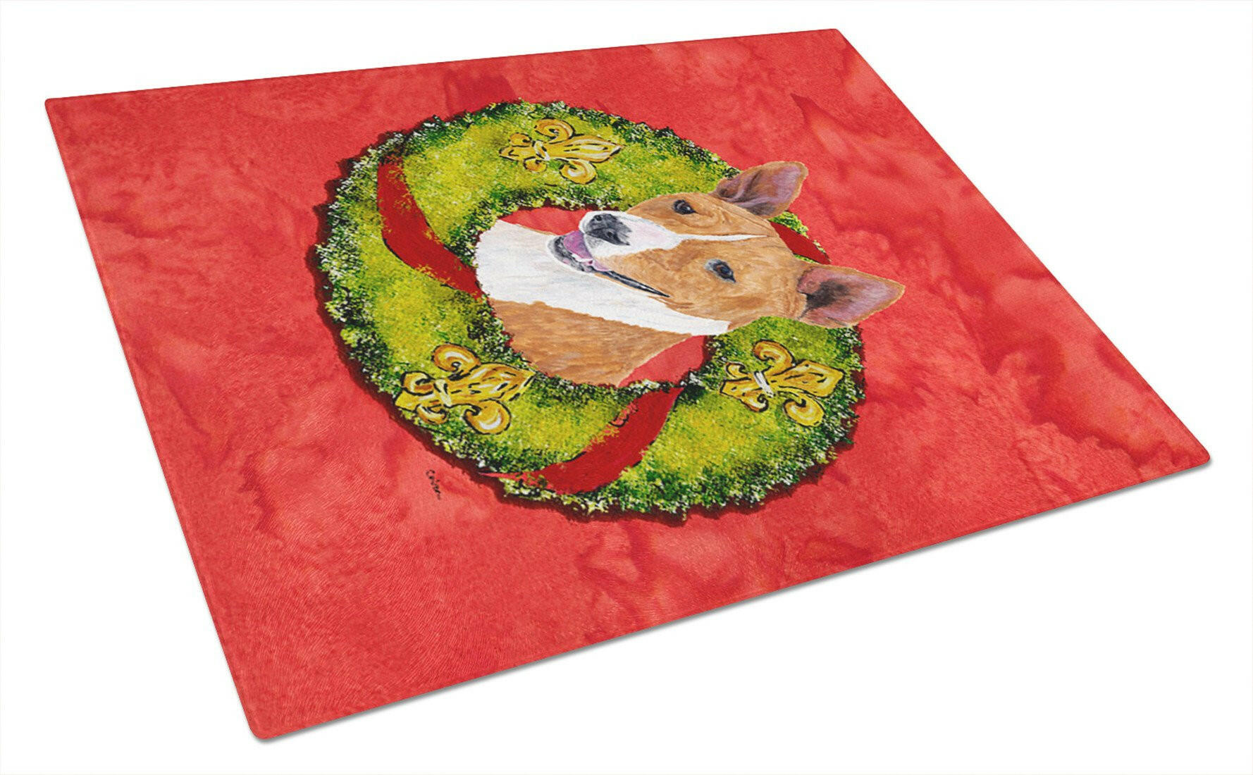 Basenji Christmas Wreath Cutting Board Tempered Glass Kitchen Cutting Surface, Heat Resistant Chopping, Non-Slip Feet, Food Prep & Serving