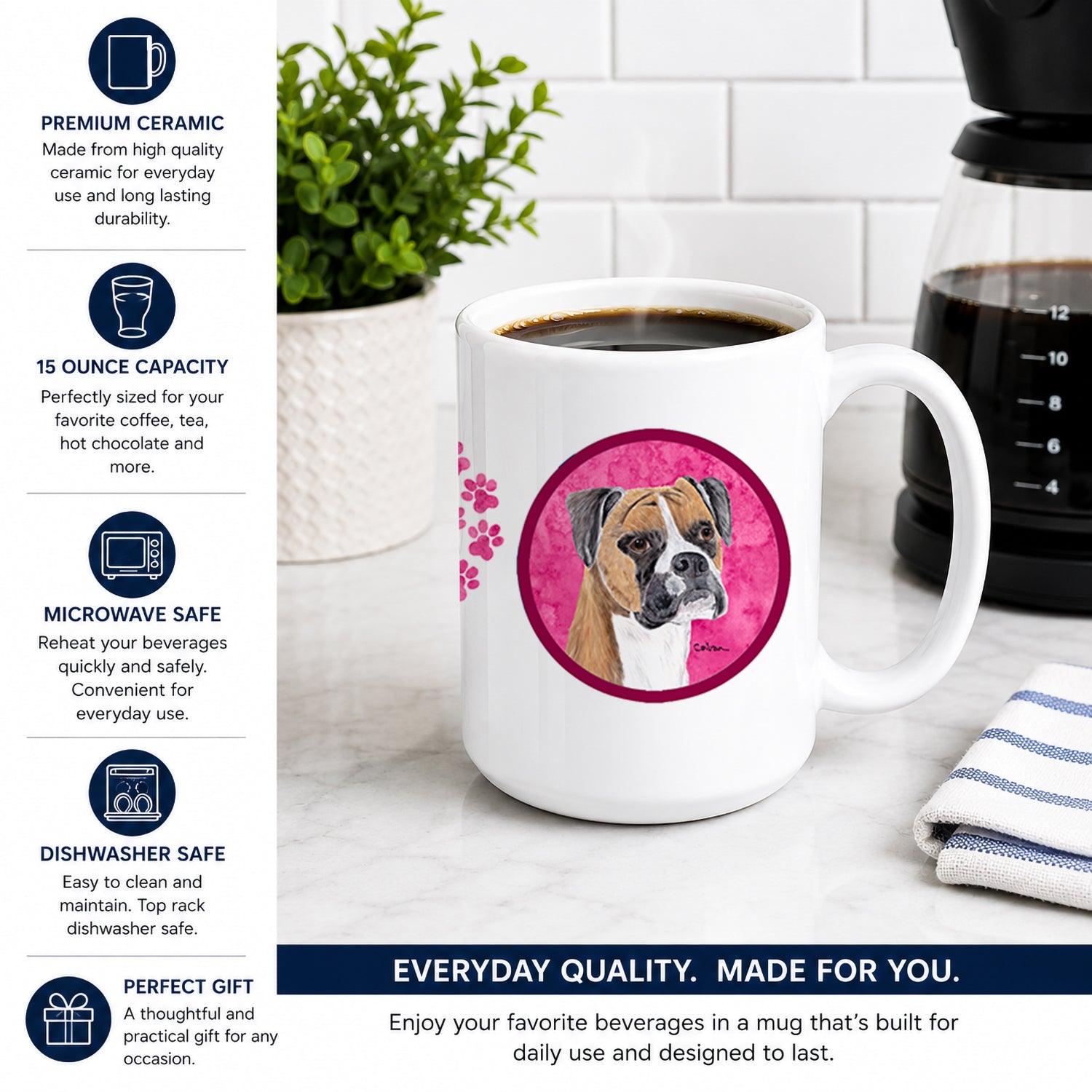 Pink Boxer Ceramic Coffee Mug 15 oz Decorative Large C Handle Mug Cup for Tea, Cocoa Hot Chocolate