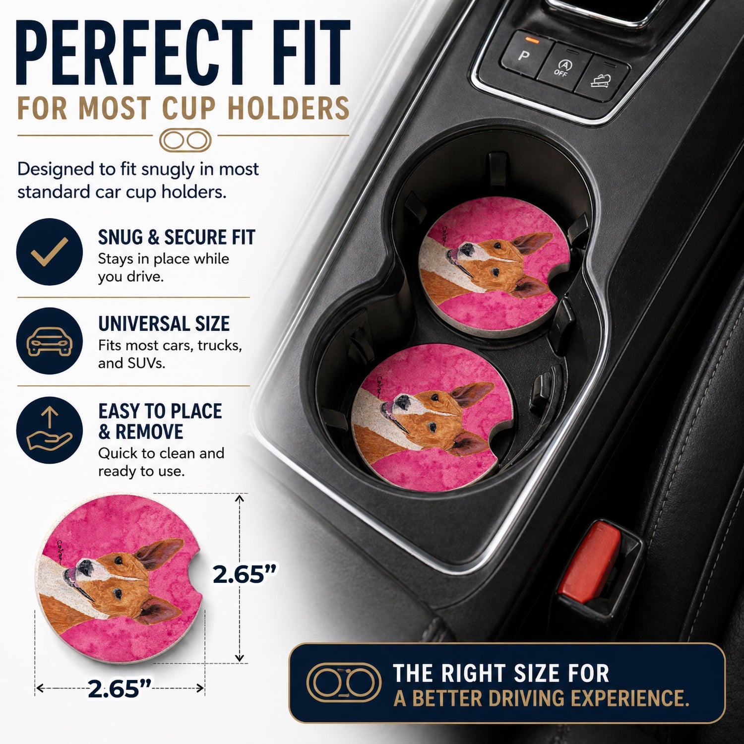 Pink Basenji Set of 2 Cup Holder Car Coasters Absorbent Round Sandstone Coasters Gifts for Men or Women, 2.5, Multicolor