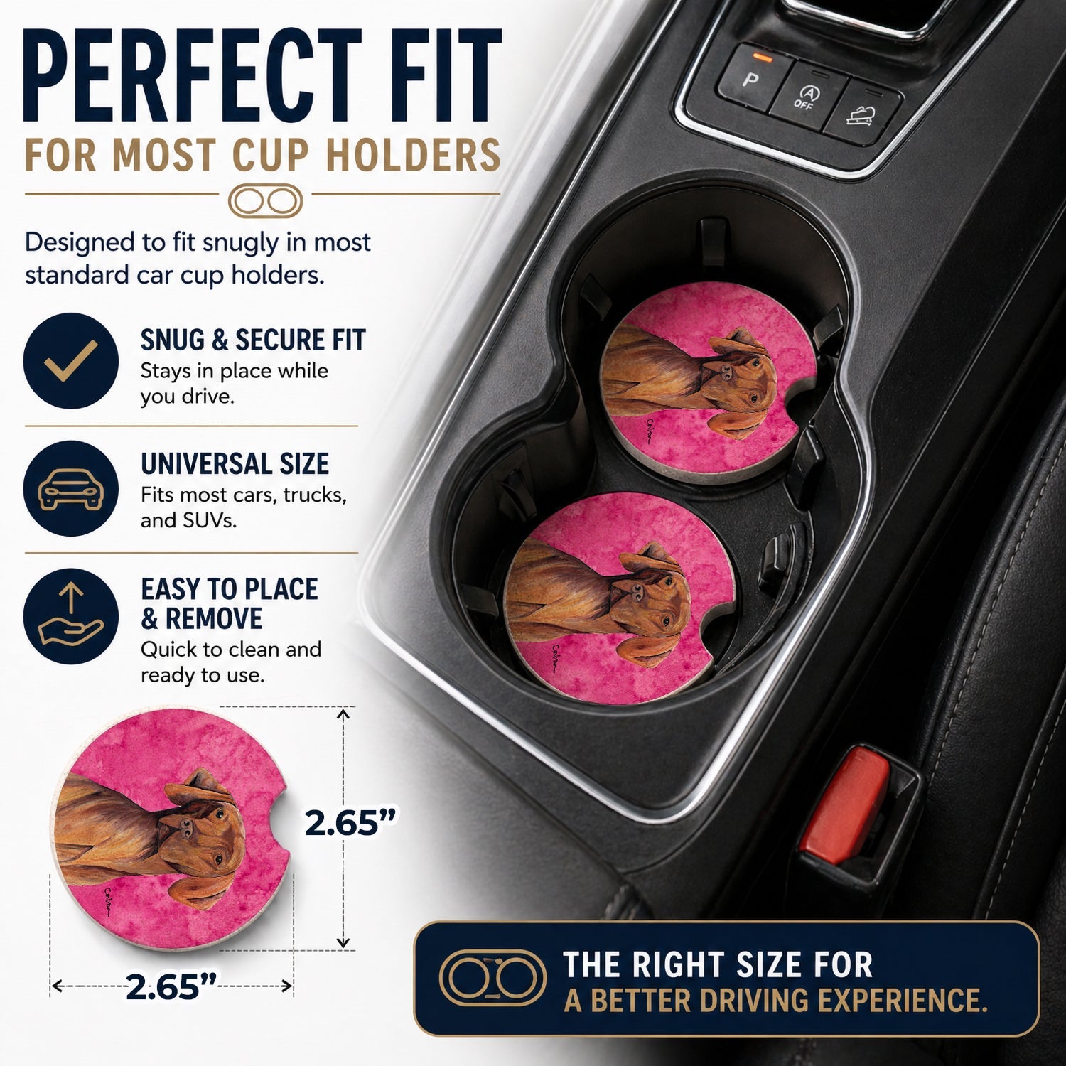 Pink Vizsla Set of 2 Cup Holder Car Coasters Absorbent Round Sandstone Coasters Gifts for Men or Women, 2.5, Multicolor