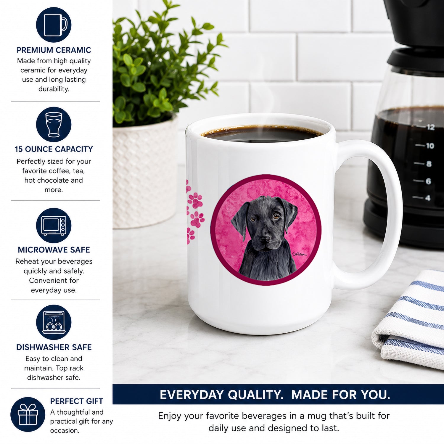 Pink Labrador Ceramic Coffee Mug 15 oz Decorative Large C Handle Mug Cup for Tea, Cocoa Hot Chocolate