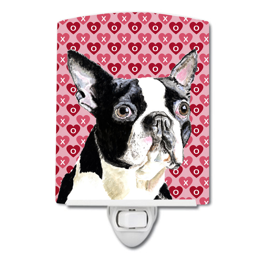 Boston Terrier Hearts Love Valentine's Day Ceramic Night Light Compact, UL-Certified, Ideal for Bedroom, Bathroom, Nursery, Hallway, Kitchen, 6x4x3, Multicolor