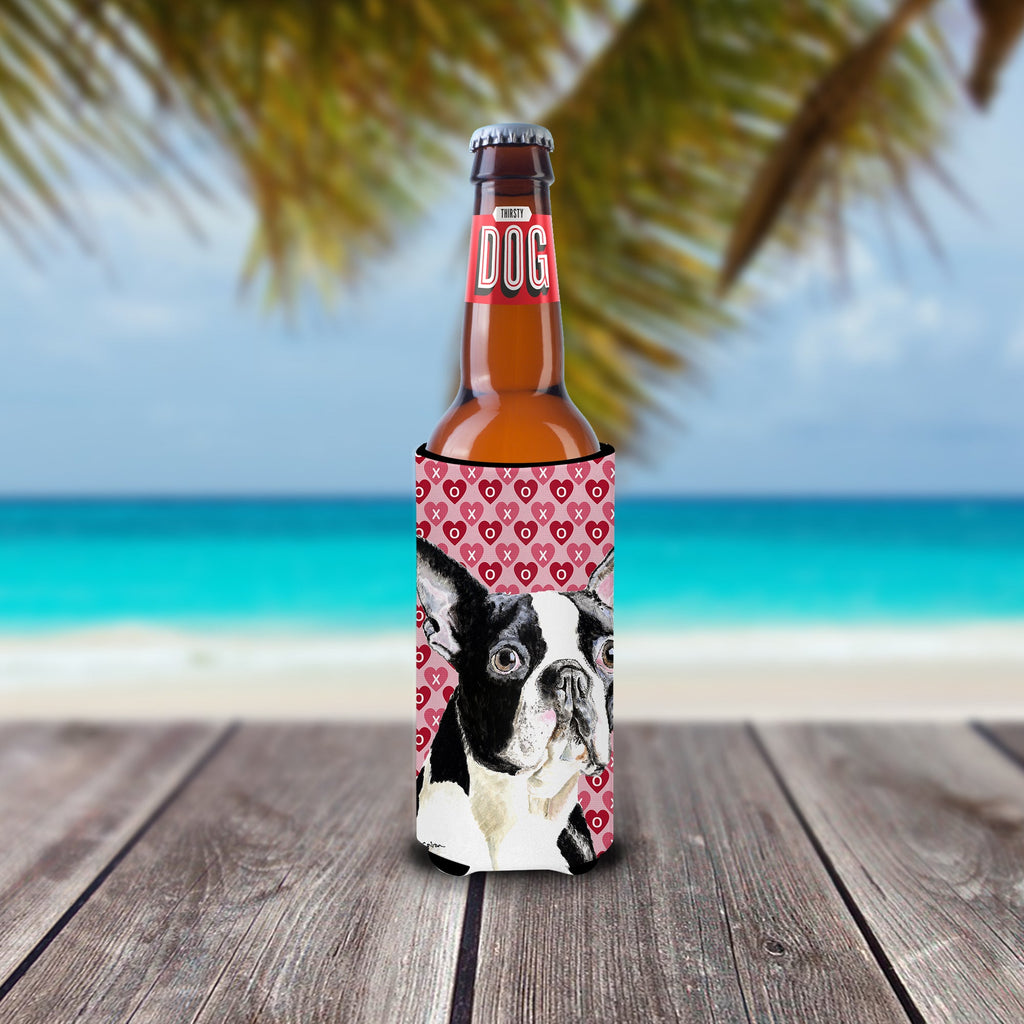 Boston Terrier Hearts Love Valentine's Day Slim Can Hugger , Insulated Foam Hugger for 12 oz Slim Cans, Beer Bottles & Water Bottles, Printed in USA