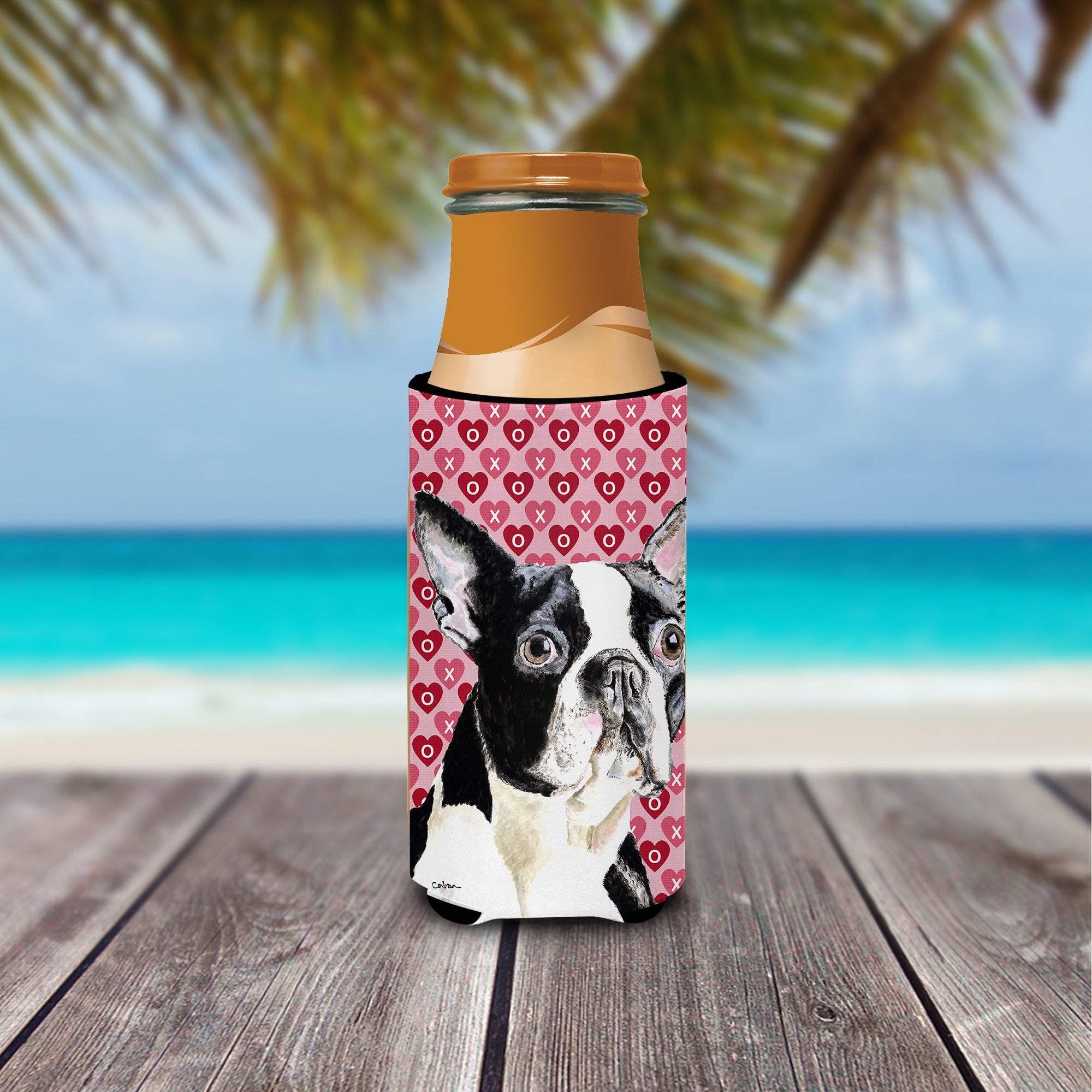 Boston Terrier Hearts Love Valentine's Day Slim Can Hugger , Insulated Foam Hugger for 12 oz Slim Cans, Beer Bottles & Water Bottles, Printed in USA