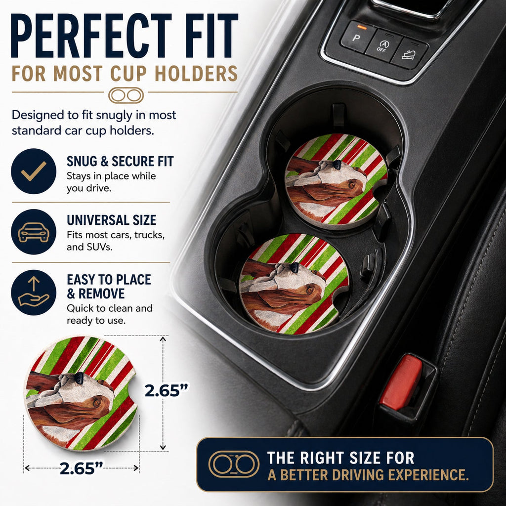 Basset Hound Candy Cane Holiday Christmas Set of 2 Cup Holder Car Coasters Absorbent Round Sandstone Coasters Gifts for Men or Women, 2.5, Multicolor