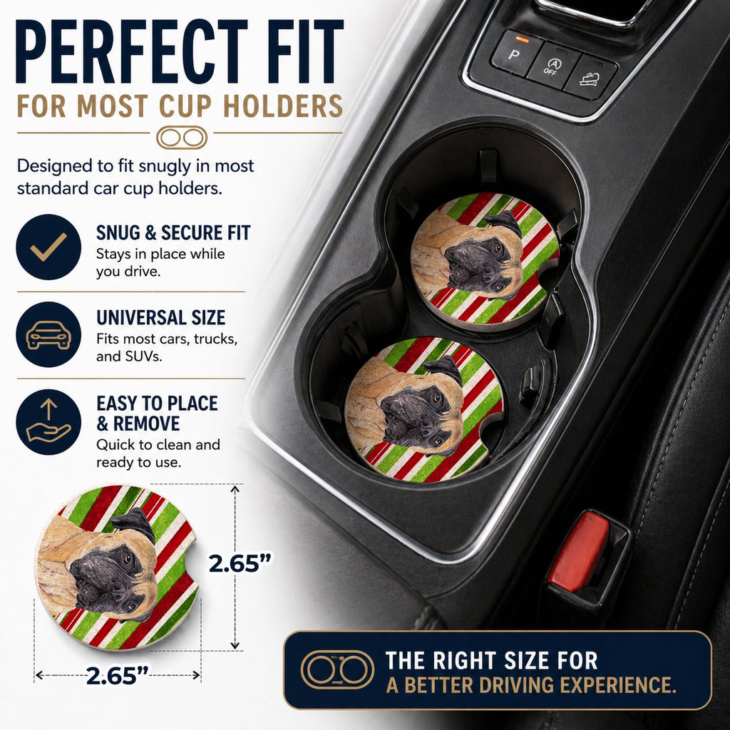 Mastiff Candy Cane Holiday Christmas Set of 2 Cup Holder Car Coasters Absorbent Round Sandstone Coasters Gifts for Men or Women, 2.5, Multicolor