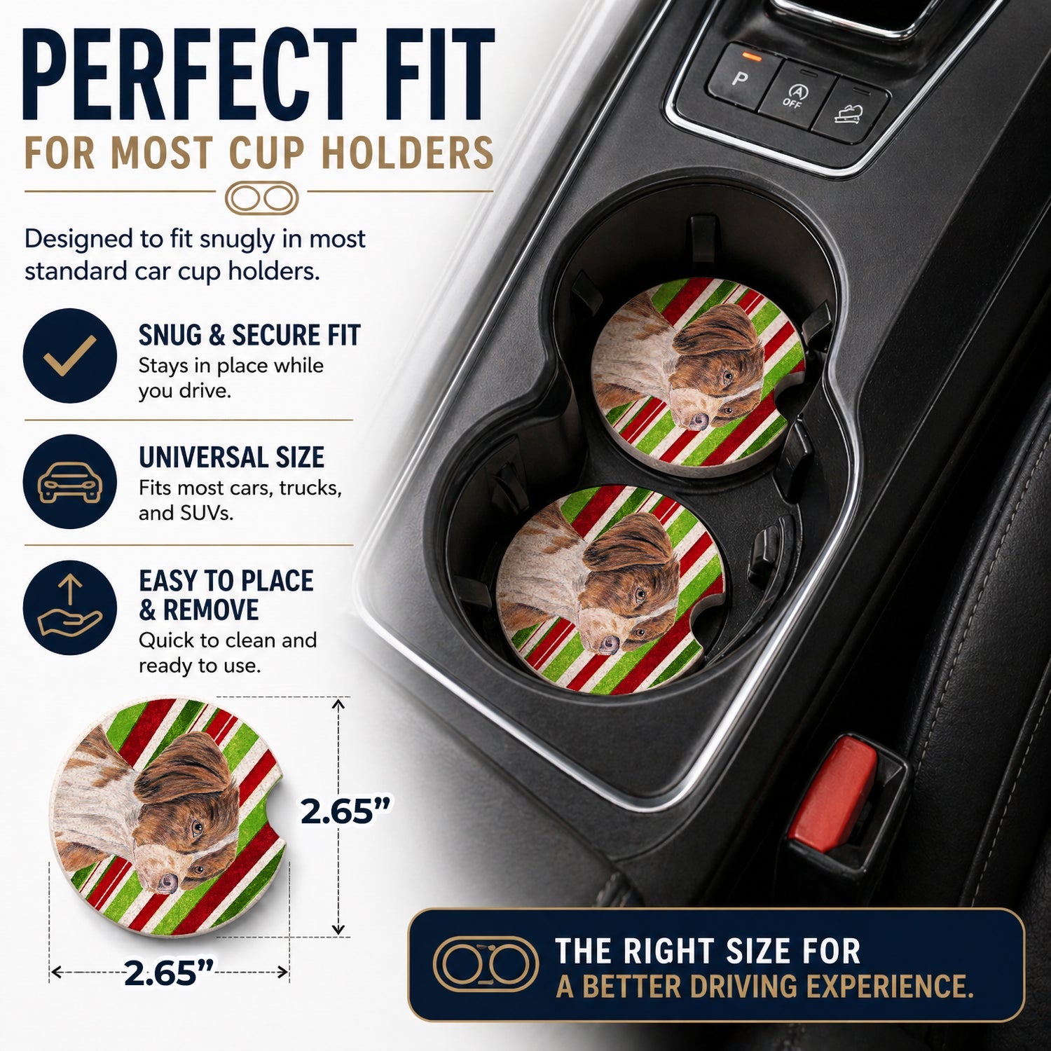 Brittany Candy Cane Holiday Christmas Set of 2 Cup Holder Car Coasters Absorbent Round Sandstone Coasters Gifts for Men or Women, 2.5, Multicolor
