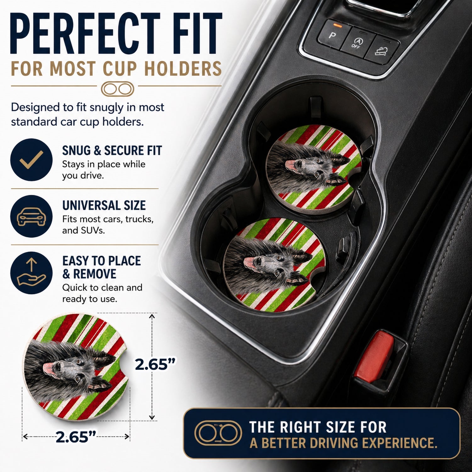 Belgian Sheepdog Candy Cane Holiday Christmas Set of 2 Cup Holder Car Coasters Absorbent Round Sandstone Coasters Gifts for Men or Women, 2.5, Multicolor