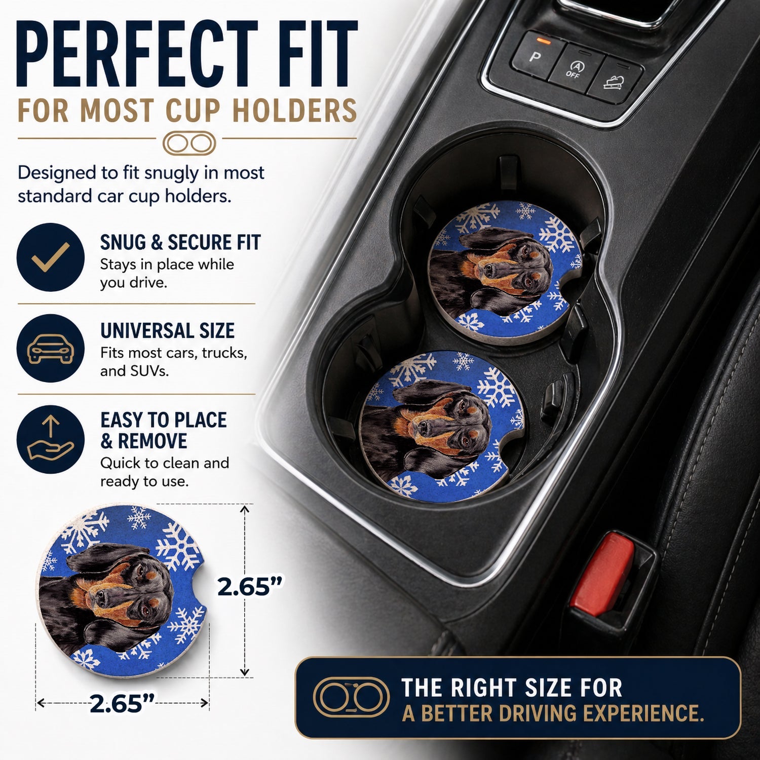 Dachshund Winter Snowflakes Holiday Set of 2 Cup Holder Car Coasters Absorbent Round Sandstone Coasters Gifts for Men or Women, 2.5, Multicolor