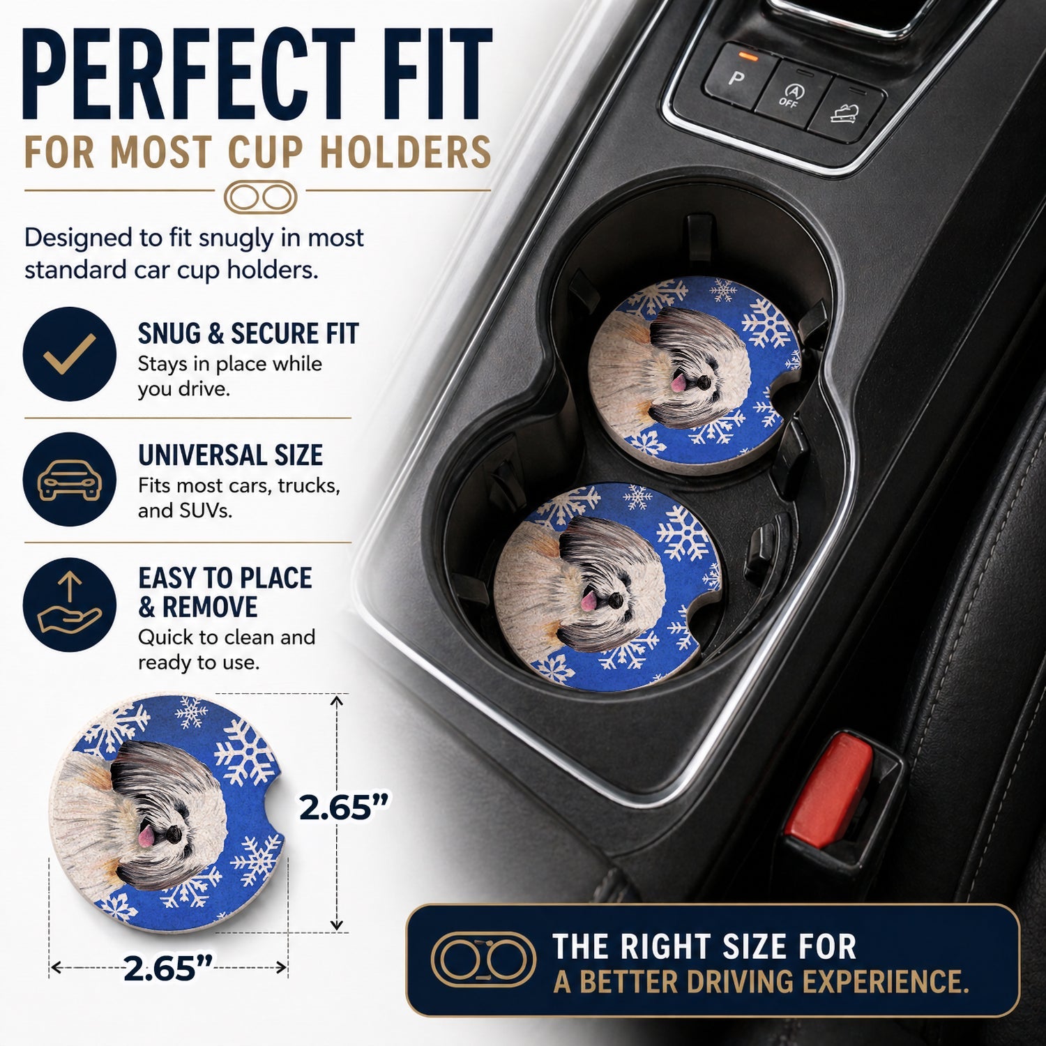 Shih Tzu Winter Snowflakes Holiday Set of 2 Cup Holder Car Coasters Absorbent Round Sandstone Coasters Gifts for Men or Women, 2.5, Multicolor