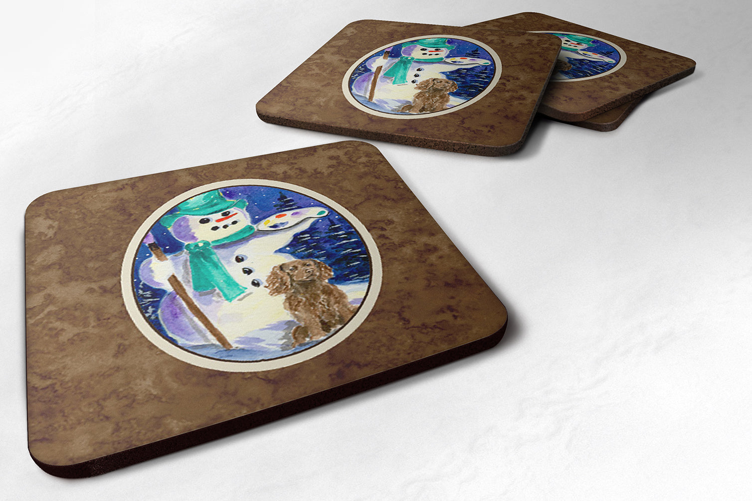 English Springer Spaniel with Artist Snowman Foam Coasters Set of 4 Cup Coasters for Indoor Outdoor, Tabletop Protection, Anti Slip, Mouse pad Material