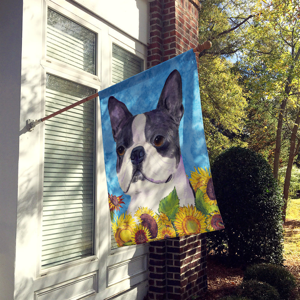 Boston Terrier in Summer Flowers House Flag 28x40 Porch Sleeve Pole Decorative Outside Yard Banner Artwork Wall Hanging, Polyester