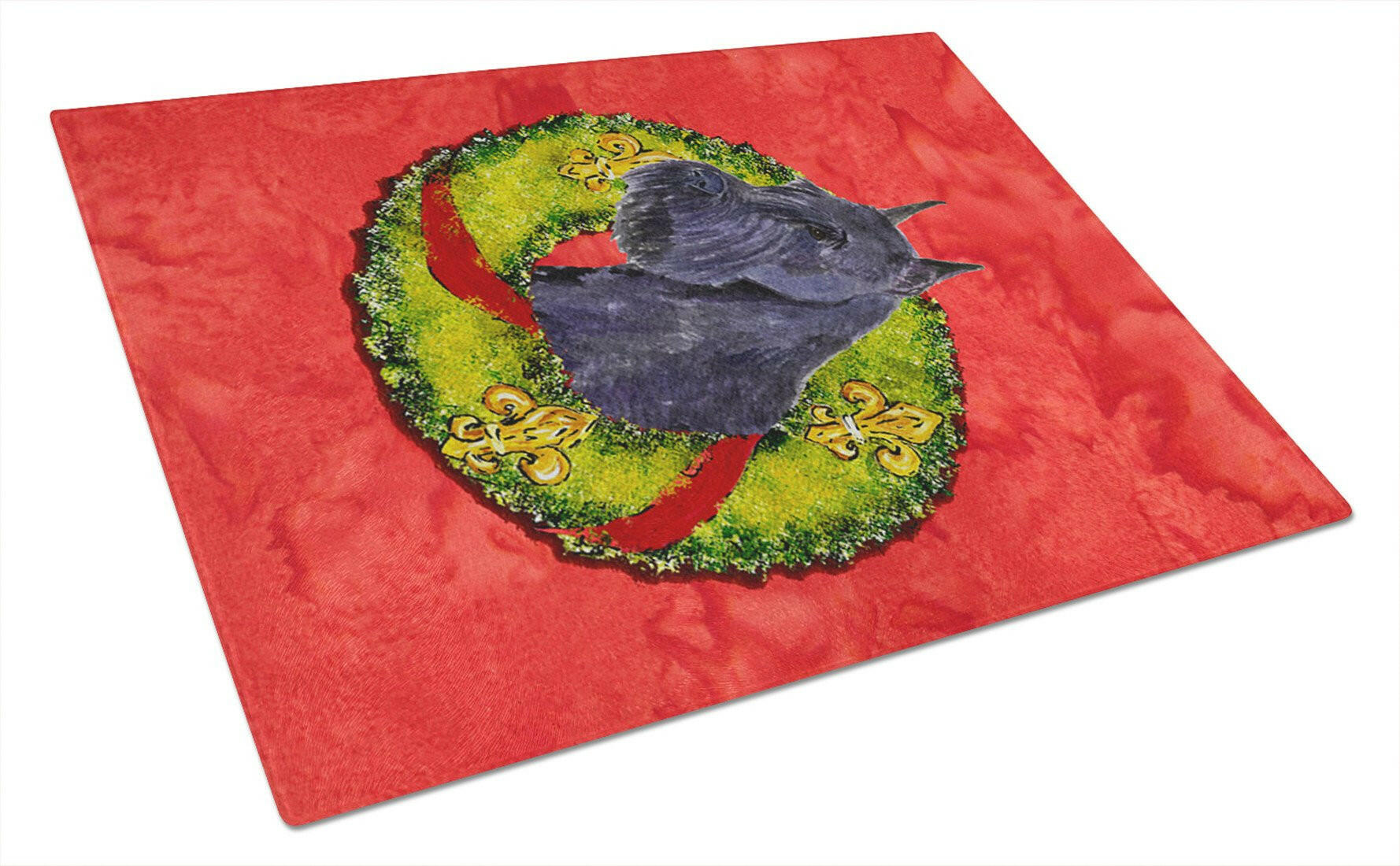 Schnauzer Cristmas Wreath Cutting Board Tempered Glass Kitchen Cutting Surface, Heat Resistant Chopping, Non-Slip Feet, Food Prep & Serving