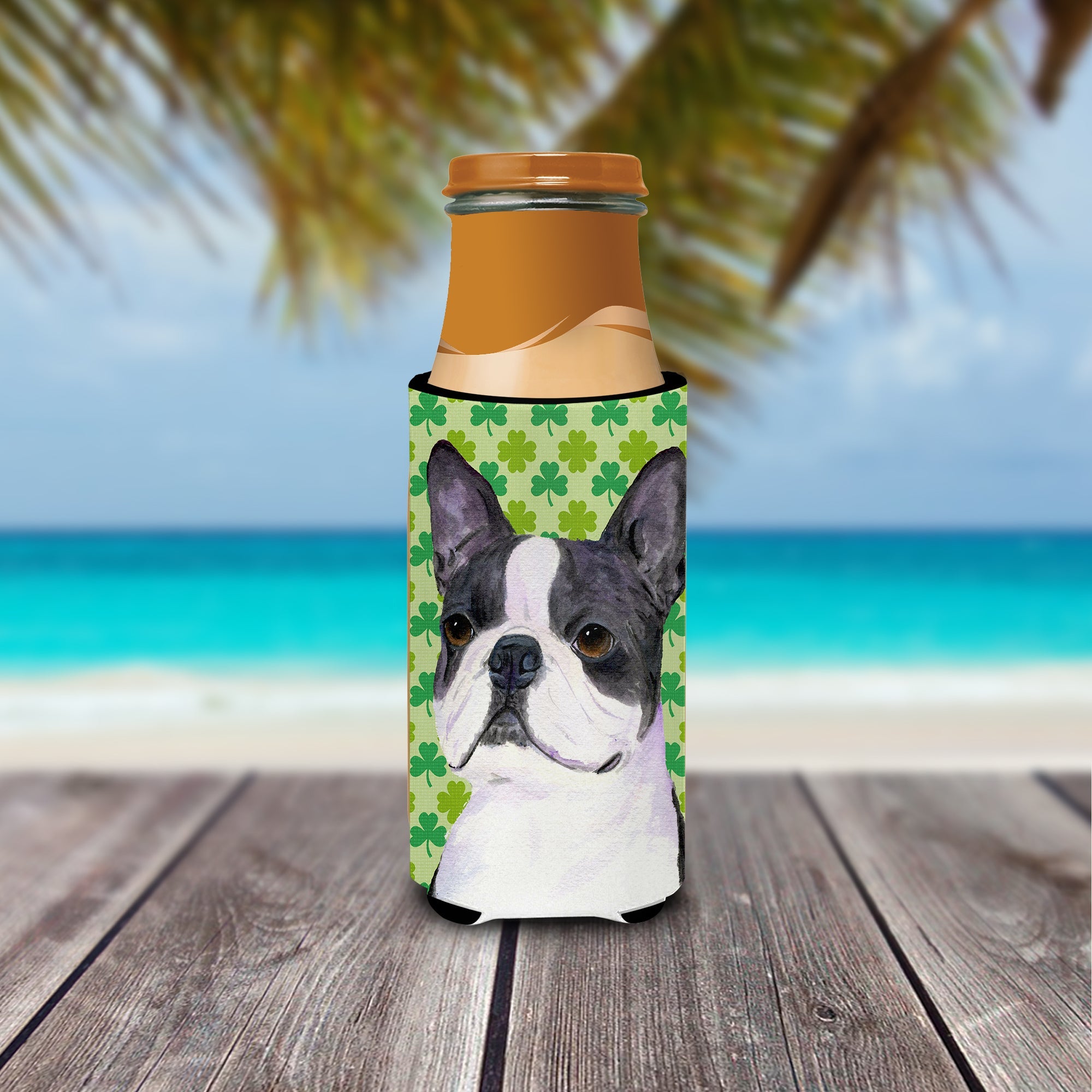 Boston Terrier St. Patrick's Day Shamrock Portrait Slim Can Hugger , Insulated Foam Hugger for 12 oz Slim Cans, Beer Bottles & Water Bottles, Printed in USA