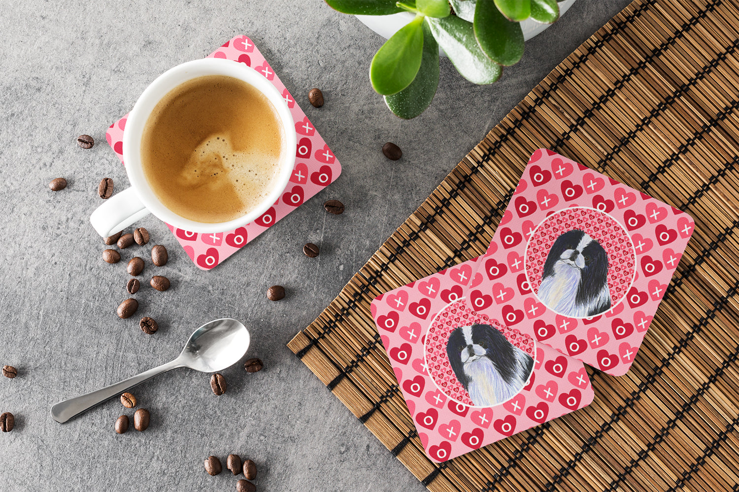 Japanese Chin Hearts Love and Valentine's Day Portrait Foam Coasters Set of 4 Cup Coasters for Indoor Outdoor, Tabletop Protection, Anti Slip, Mouse pad Material