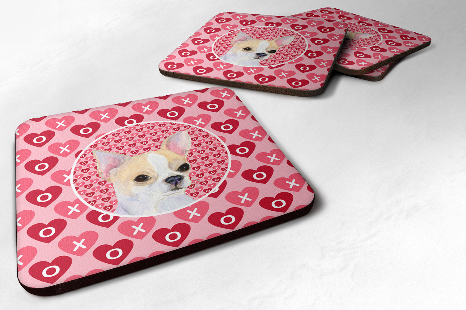 Chihuahua Hearts Love and Valentine's Day Portrait Foam Coasters Set of 4 Cup Coasters for Indoor Outdoor, Tabletop Protection, Anti Slip, Mouse pad Material