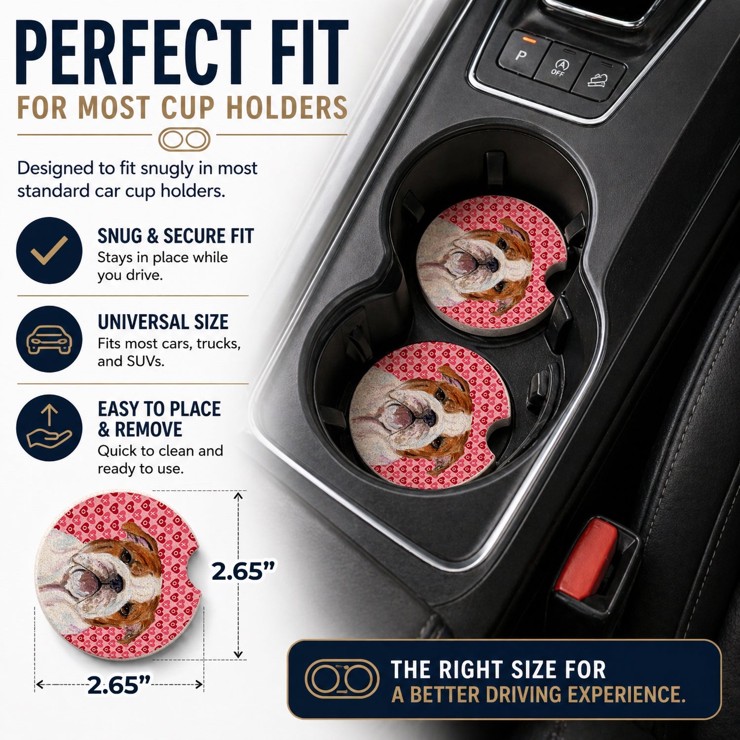 Bulldog English Hearts Love Valentine's Day Set of 2 Cup Holder Car Coasters Absorbent Round Sandstone Coasters Gifts for Men or Women, 2.5, Multicolor
