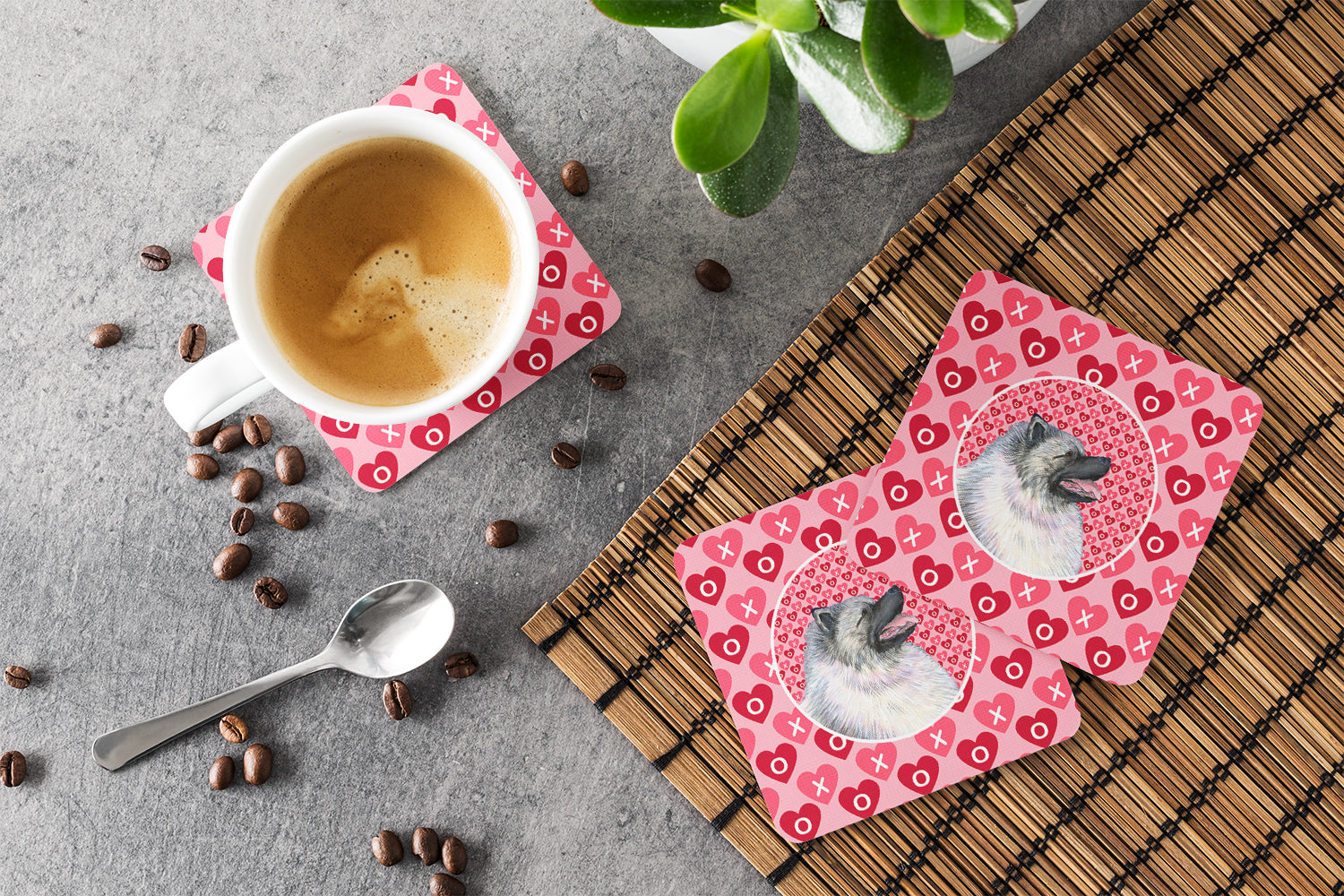 Keeshond Hearts Love and Valentine's Day Portrait Foam Coasters Set of 4 Cup Coasters for Indoor Outdoor, Tabletop Protection, Anti Slip, Mouse pad Material