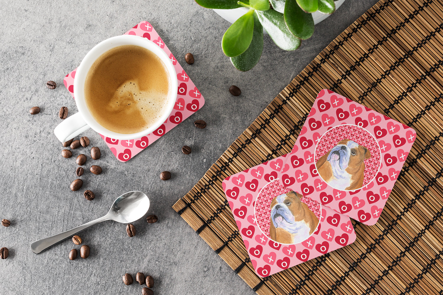 Bulldog English Hearts Love Valentine's Day Foam Coasters Set of 4 Cup Coasters for Indoor Outdoor, Tabletop Protection, Anti Slip, Mouse pad Material