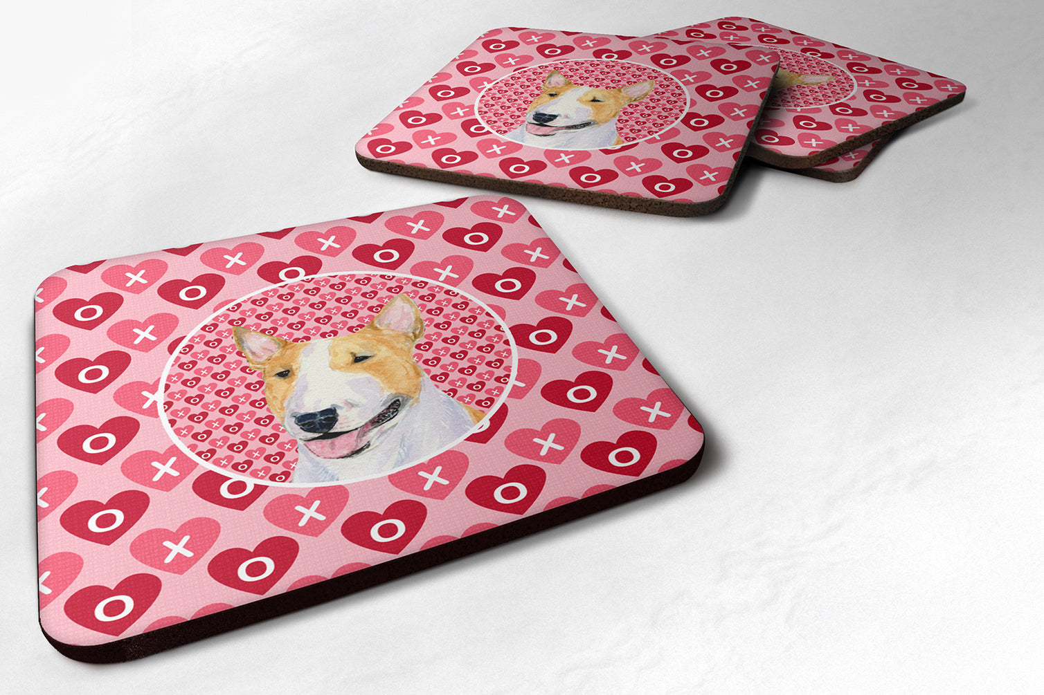 Bull Terrier Hearts Love and Valentine's Day Portrait Foam Coasters Set of 4 Cup Coasters for Indoor Outdoor, Tabletop Protection, Anti Slip, Mouse pad Material
