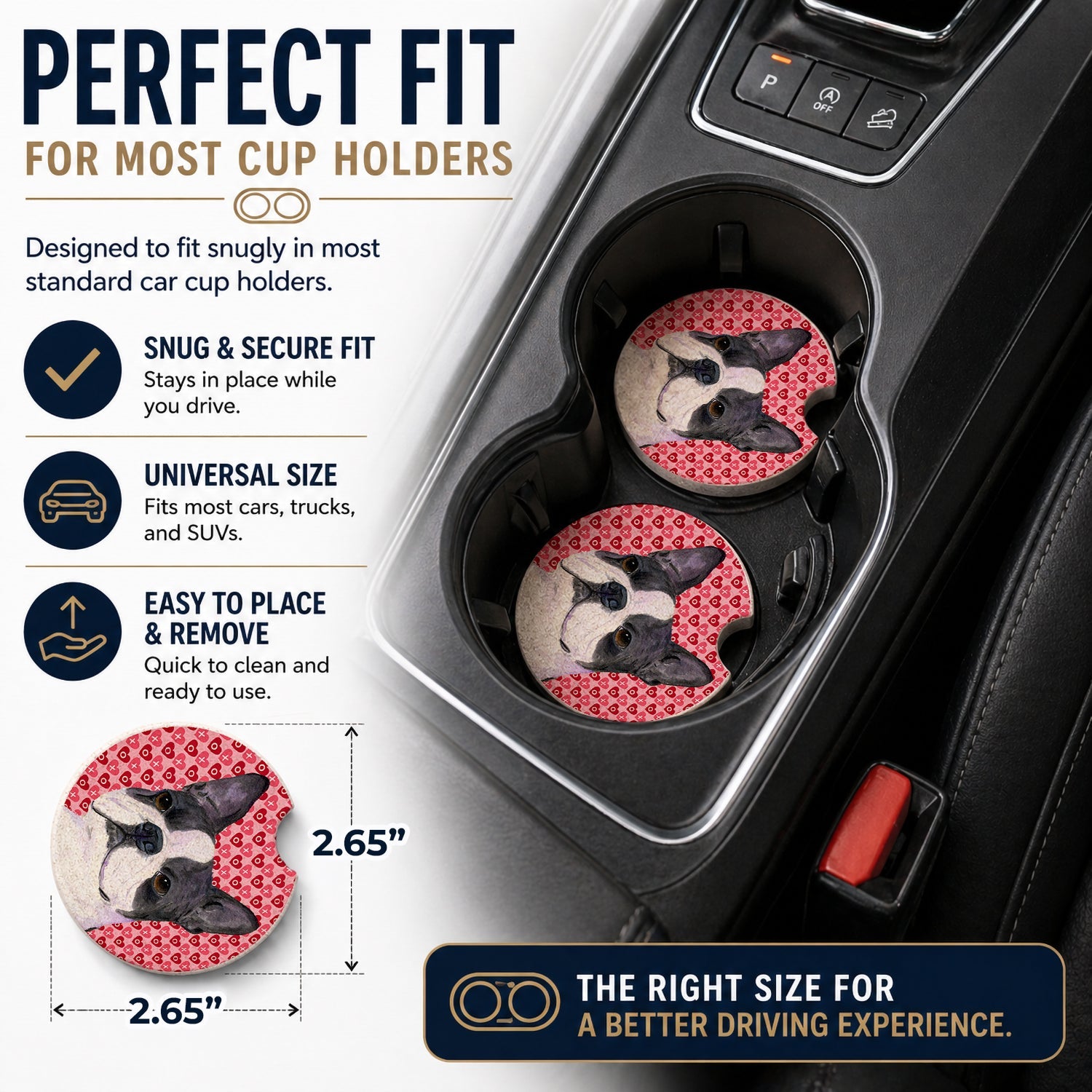 Boston Terrier Hearts Love Valentine's Day Set of 2 Cup Holder Car Coasters Absorbent Round Sandstone Coasters Gifts for Men or Women, 2.5, Multicolor