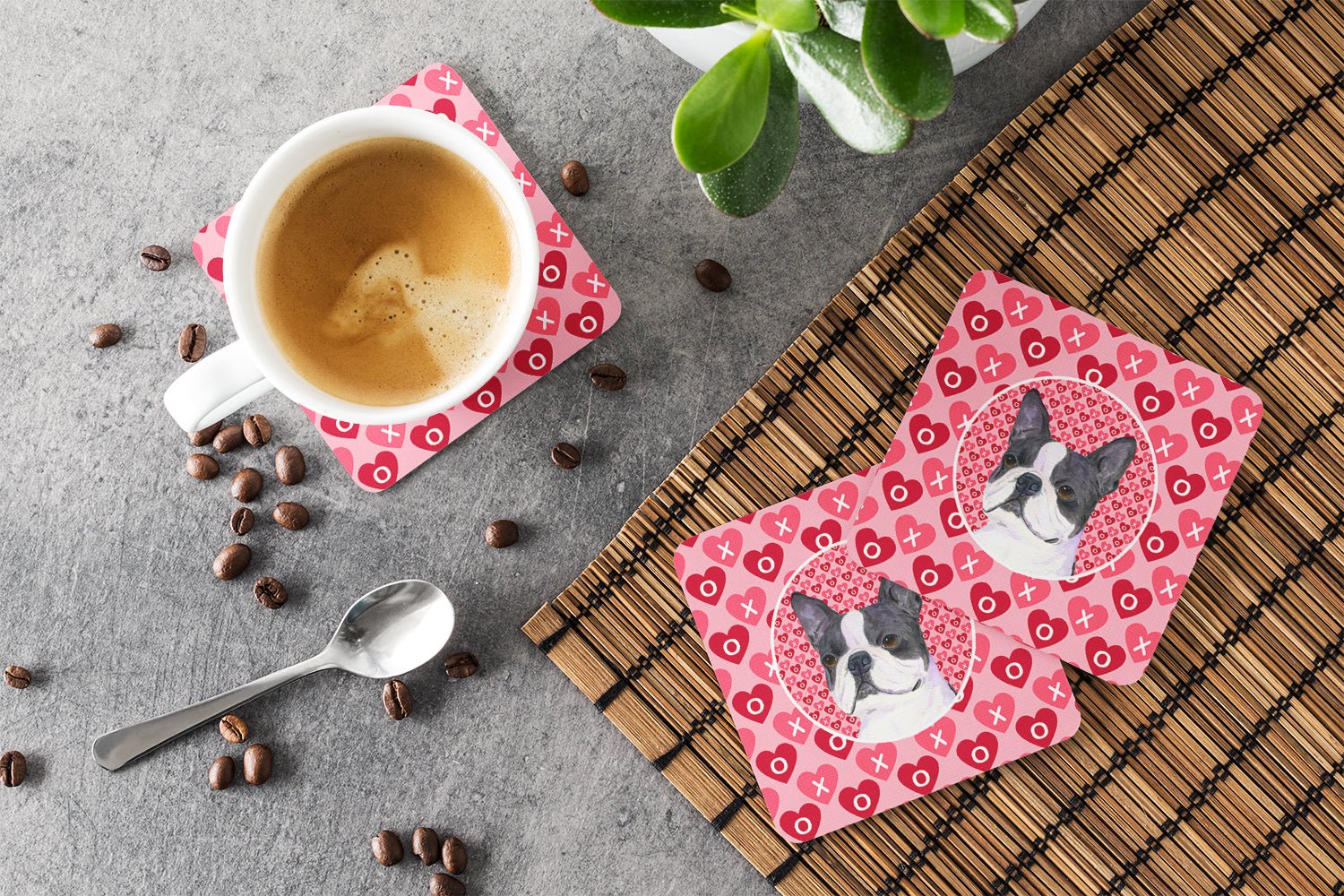 Boston Terrier Hearts Love Valentine's Day Foam Coasters Set of 4 Cup Coasters for Indoor Outdoor, Tabletop Protection, Anti Slip, Mouse pad Material