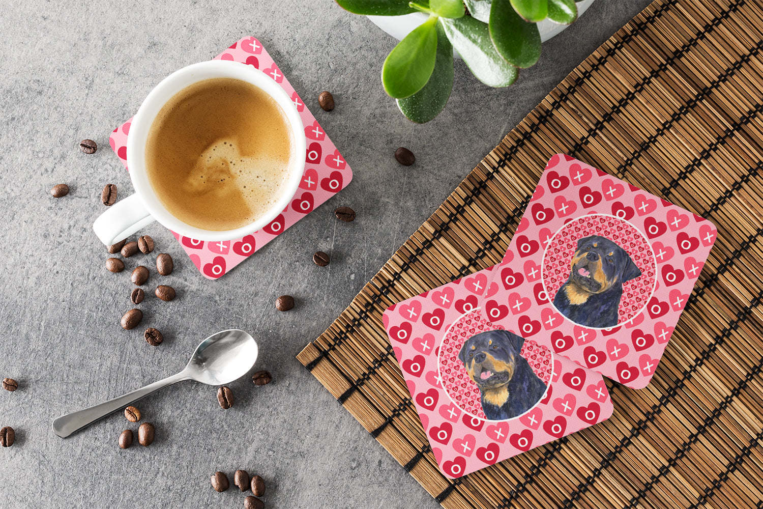 Rottweiler Hearts Love and Valentine's Day Portrait Foam Coasters Set of 4 Cup Coasters for Indoor Outdoor, Tabletop Protection, Anti Slip, Mouse pad Material