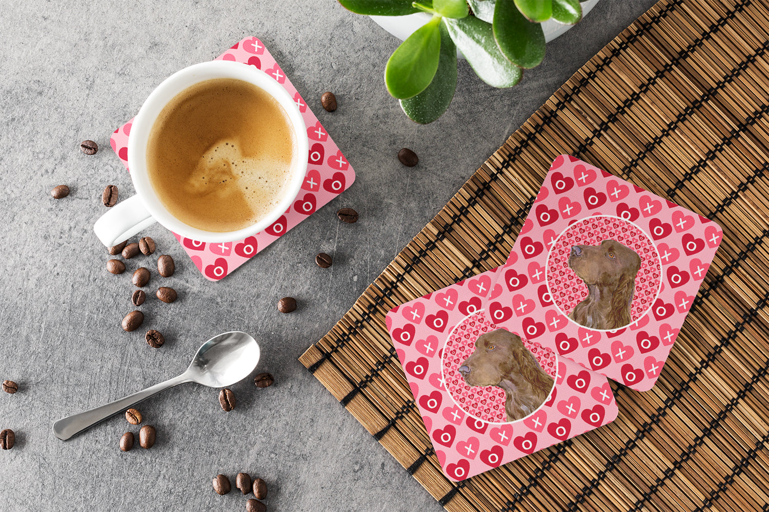 Field Spaniel Hearts Love and Valentine's Day Portrait Foam Coasters Set of 4 Cup Coasters for Indoor Outdoor, Tabletop Protection, Anti Slip, Mouse pad Material